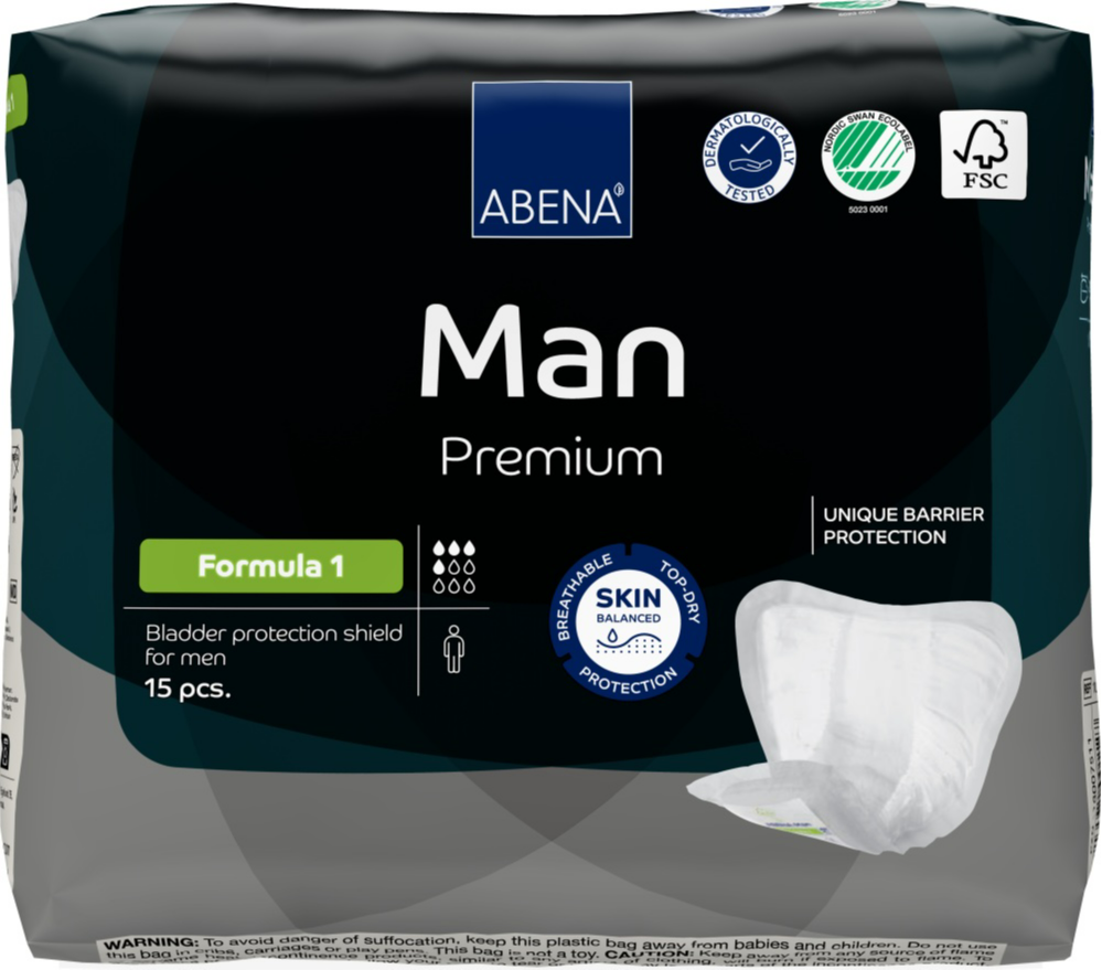 ABENA Man Premium Formula 1 - 15 Stuks Incontinentieverband voor Mannen - Incontinentie Mannen voor Licht tot Matig Urineverlies - 23x29cm / 450ml