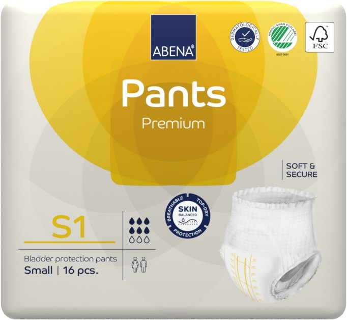 ABENA Pants Premium S1 - 16x Absorberend Broekje, te Dragen als Gewoon Ondergoed - Voor het Verlies van Flinke Scheuten Urine en (Dunne) Ontlasting - Heupomvang 60-90 cm - Absorpti