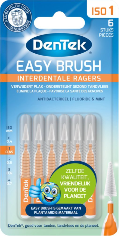 6x Dentek Easy Brush Interdentale Ragers met Mint Coating | ISO 1 (0,45 mm) | 6 stuks | tandenragers | 6x rager | fluoride anti bacterieel