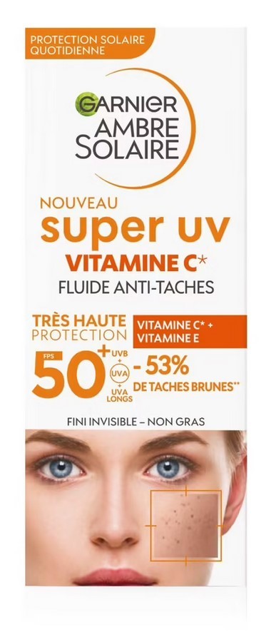 Garnier Ambre Solaire Super UV Vitamine C* Anti-Pigmentvlekken Fluid SPF50+ - vermindert pigmentvlekken - beschermt tegen UVB-, UVA-en lange UVA-stralen - 40 ML