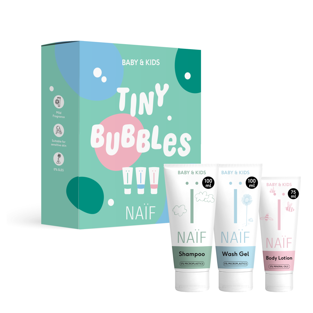 Naïf - Tiny Bubbles Essentials - Geschenkset - Baby's & Kinderen - Shampoo, Wasgel en Bodylotion in cadeauverpakking - Met ingrediënten van natuurlijke oorsprong