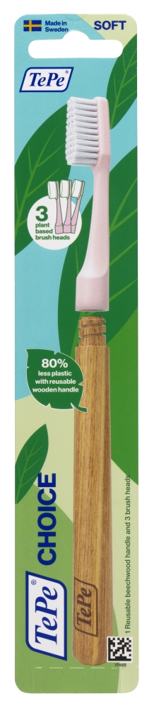 TePe Choice™ Tandenborstel – duurzame tandenborstel – met drie vervangbare tandenborstel opzetborstels – Roze