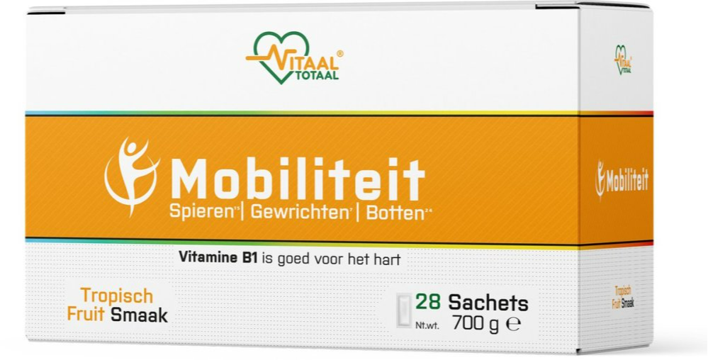 Vitaal Totaal - Mobiliteit - Alles-in-1 Supplement voor Mobiliteit: Spieren, Gewrichten & Botten - Vitamines & Mineralen - Tropical Fruit Smaak - 28 Sachets