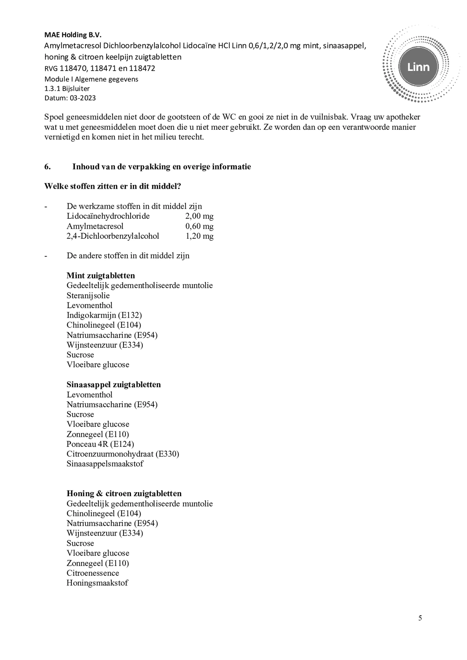 Keelpijn Zuigtabletten Honing & Citroen afbeelding van document #5, bijsluiter