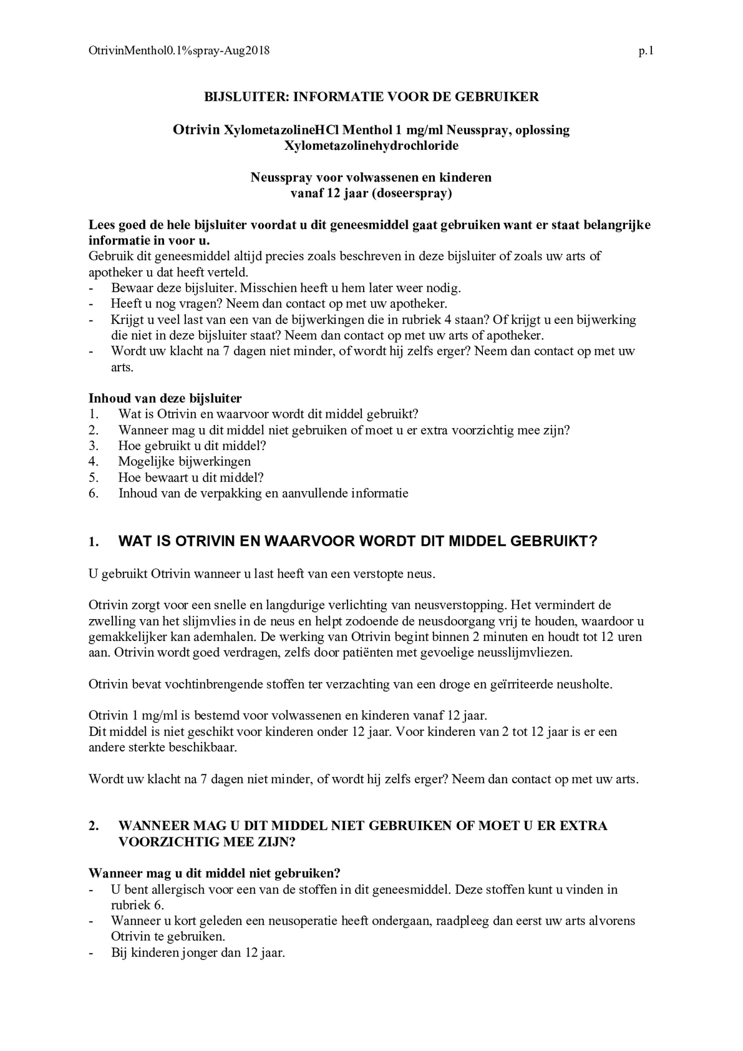 Menthol Xylometazoline HCI 1 mg/ml Neusspray afbeelding van document #1, bijsluiter