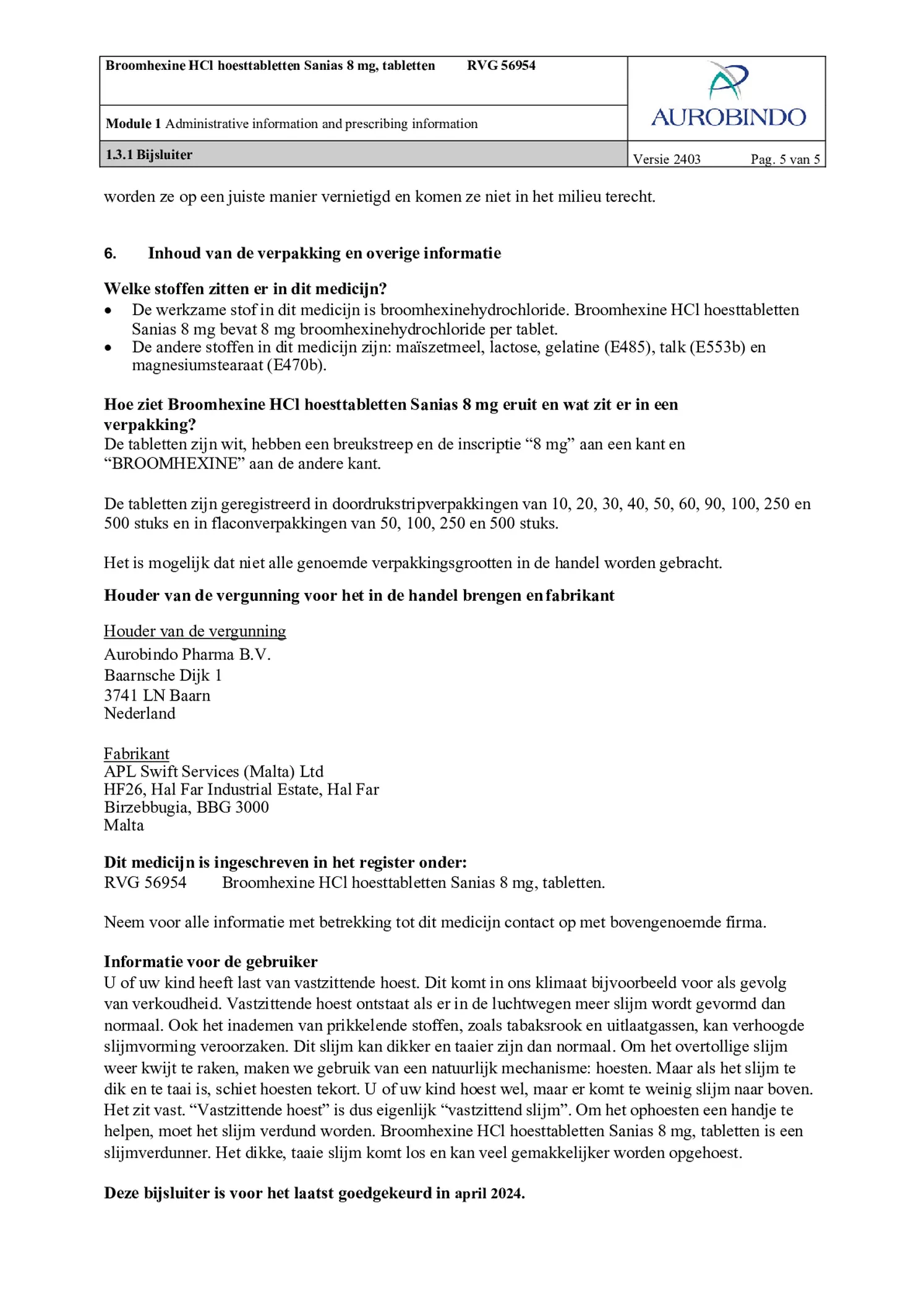 Broomhexine HCI 8 mg Hoesttabletten afbeelding van document #5, bijsluiter