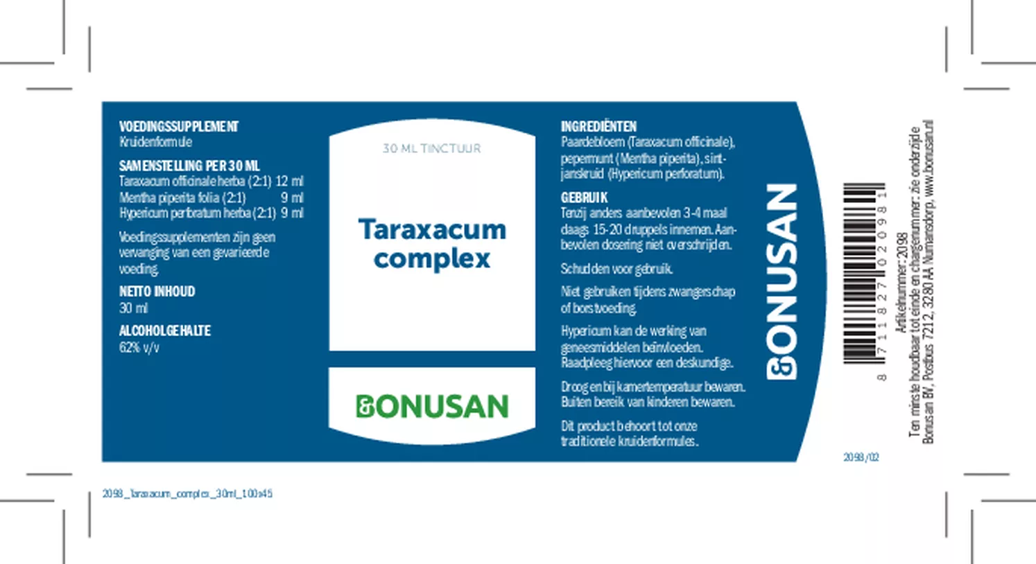 Taraxacum Complex Tinctuur afbeelding van document #1, etiket