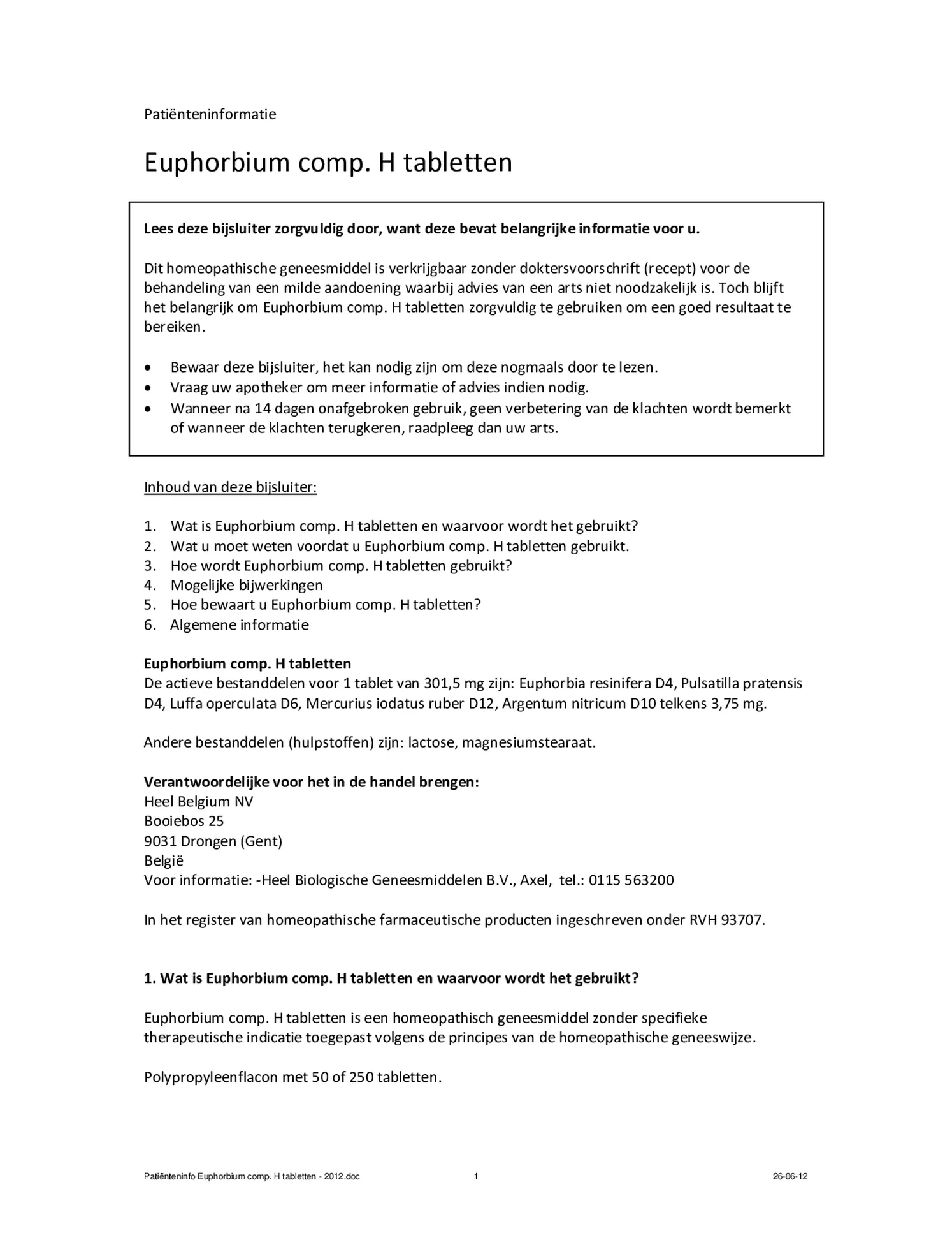 Euphorbium Compositum Tabletten afbeelding van document #1, bijsluiter