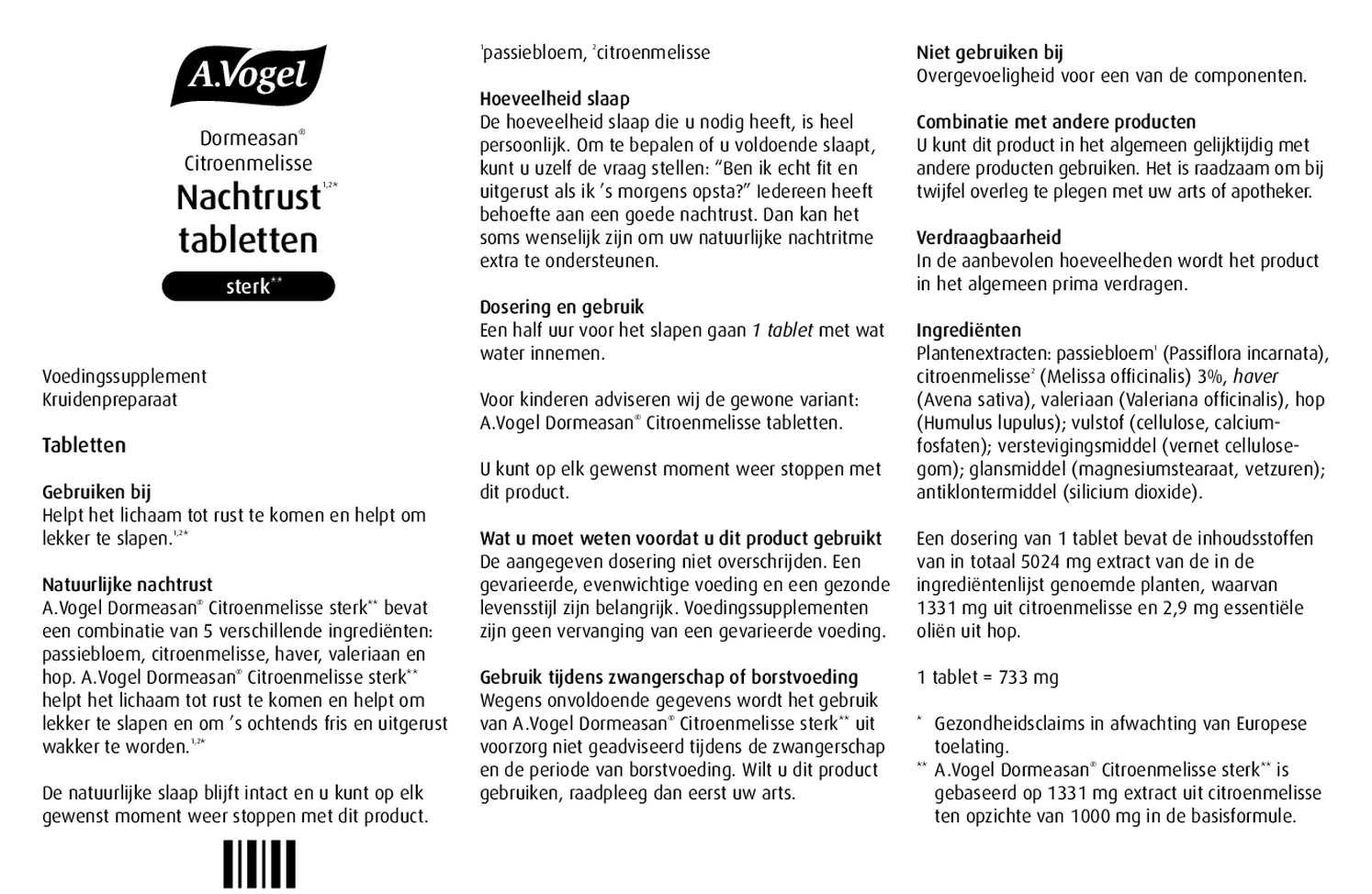 Dormeasan Citroenmelisse Nachtrust Tabletten Sterk afbeelding van document #1, bijsluiter