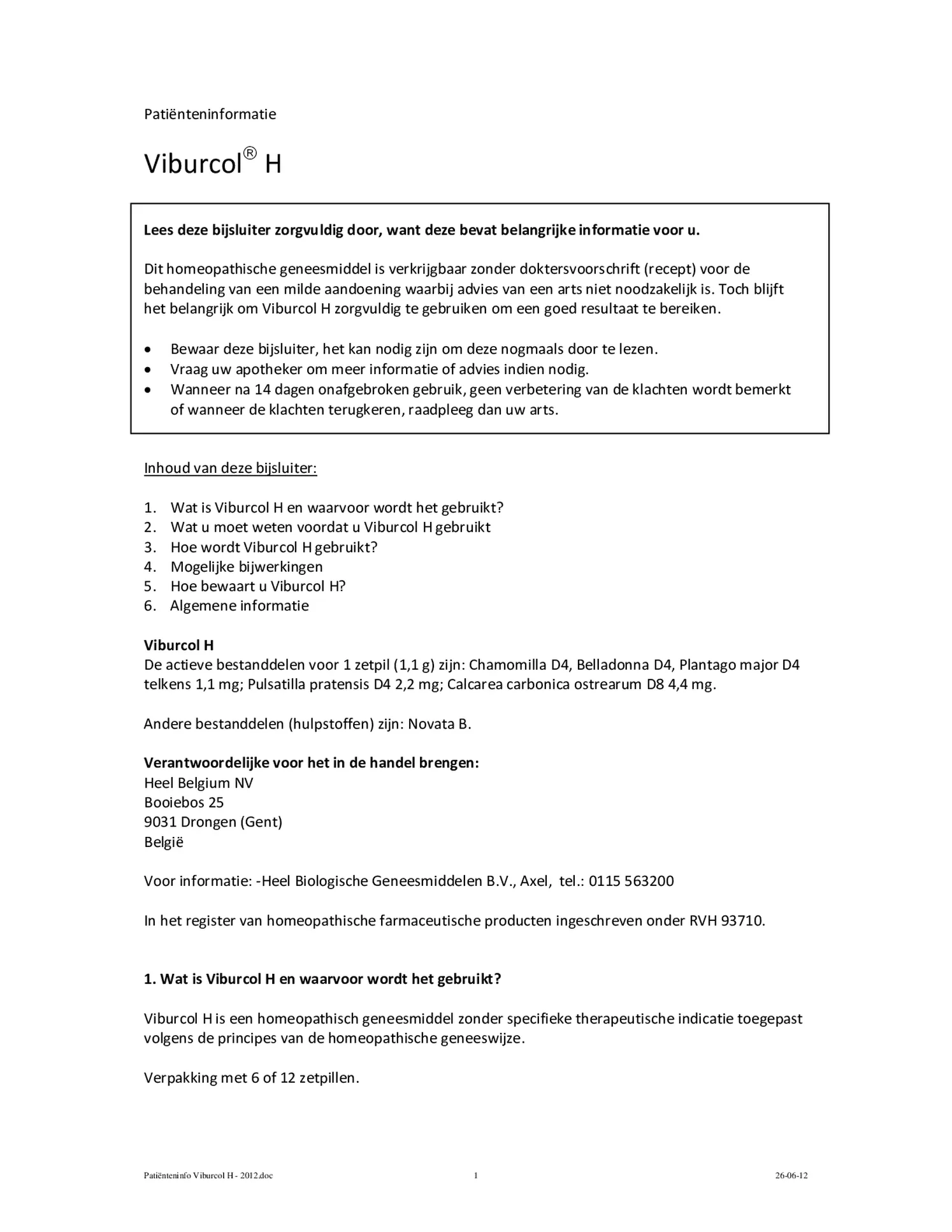 Viburcol H Zetpillen afbeelding van document #1, bijsluiter