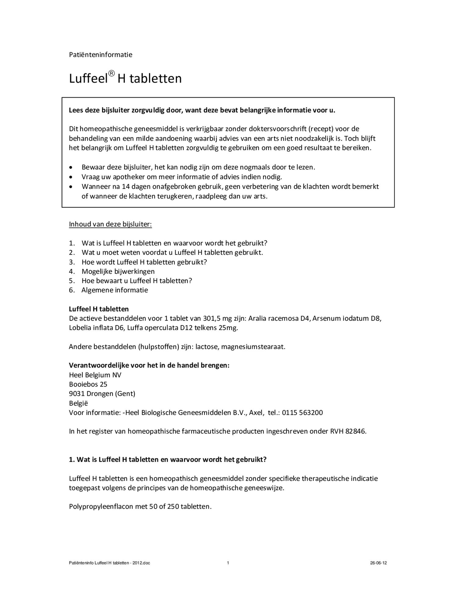 Luffeel H Tabletten afbeelding van document #1, bijsluiter