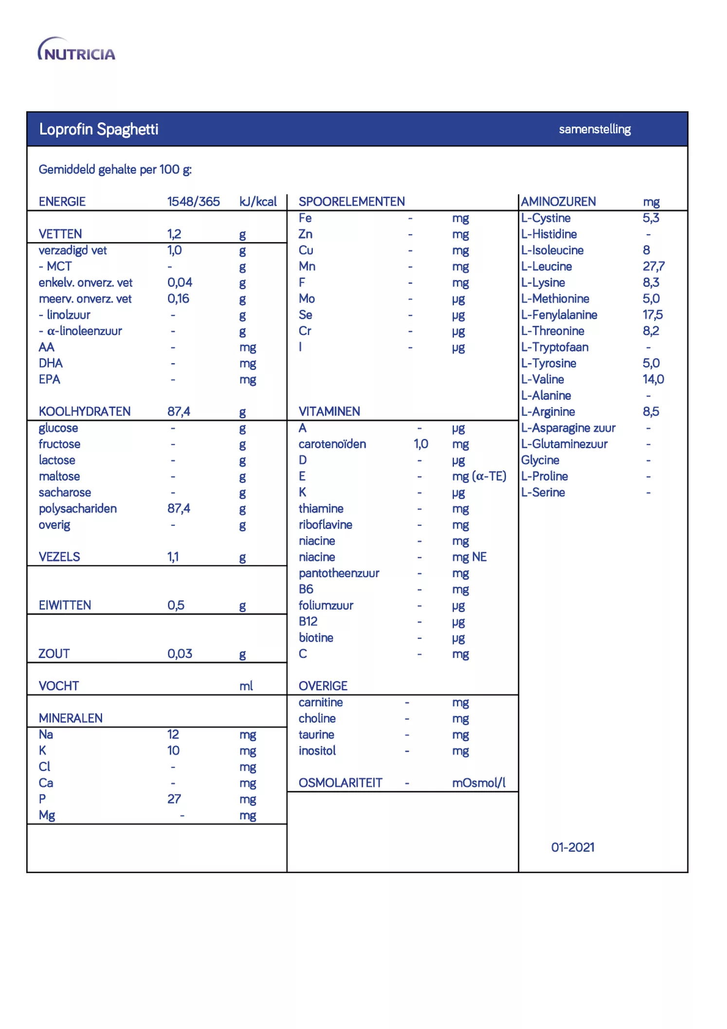 Loprofin Eiwitbeperkte Spaghetti afbeelding van document #1, informatiefolder