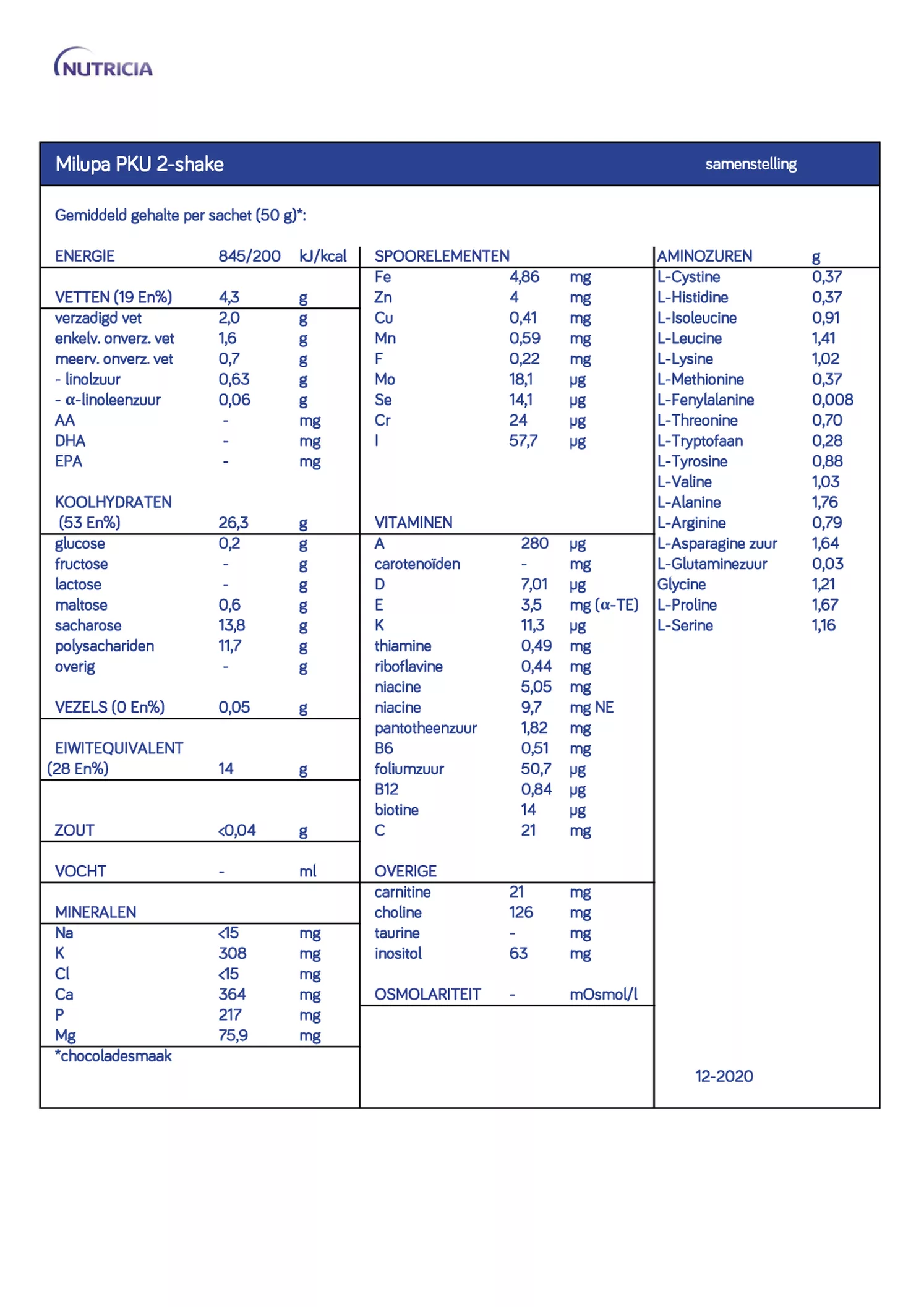 Milupa PKU-2 Shake Chocolade afbeelding van document #1, informatiefolder