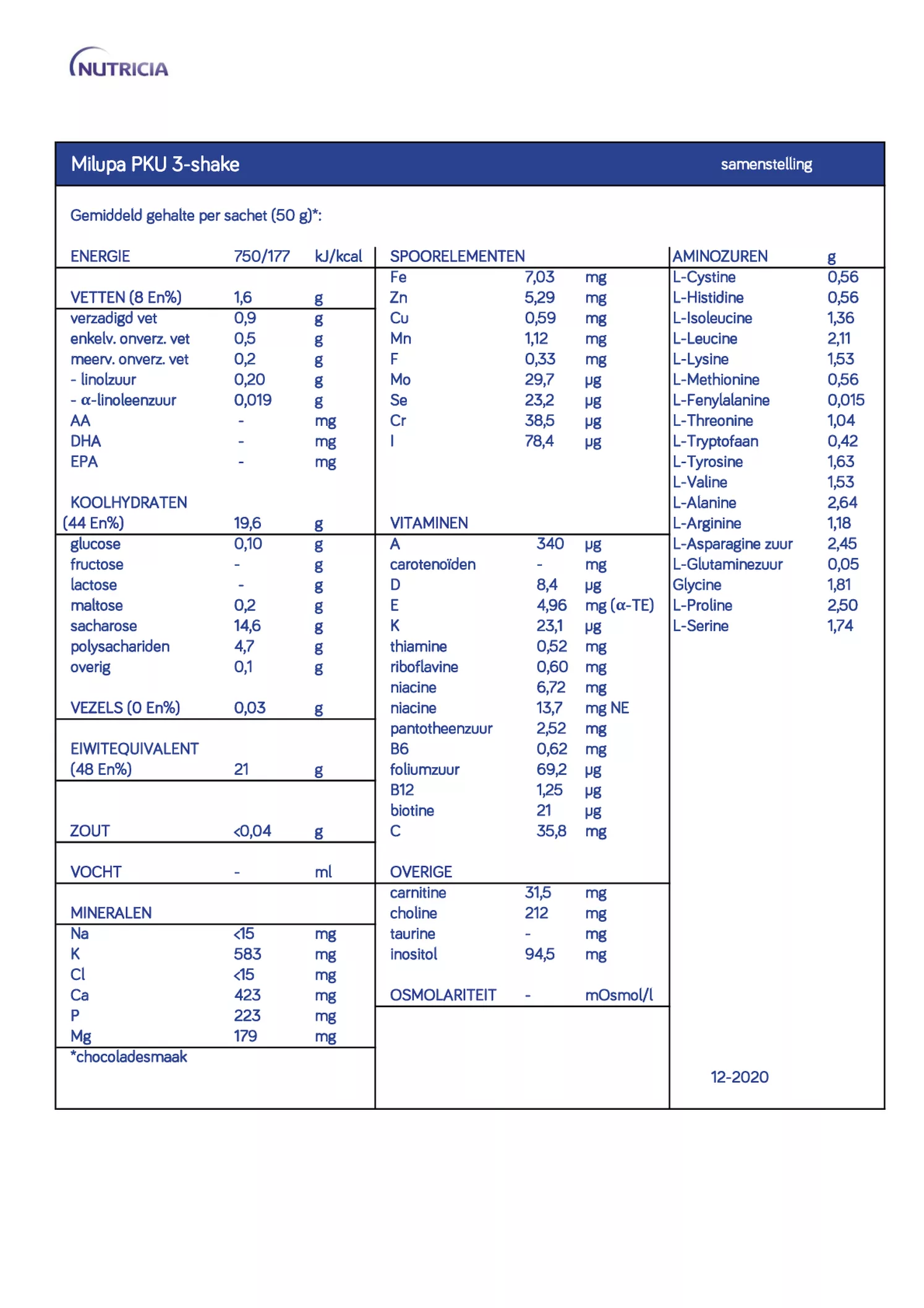 Milupa PKU-3 Shake Chocolade afbeelding van document #1, informatiefolder