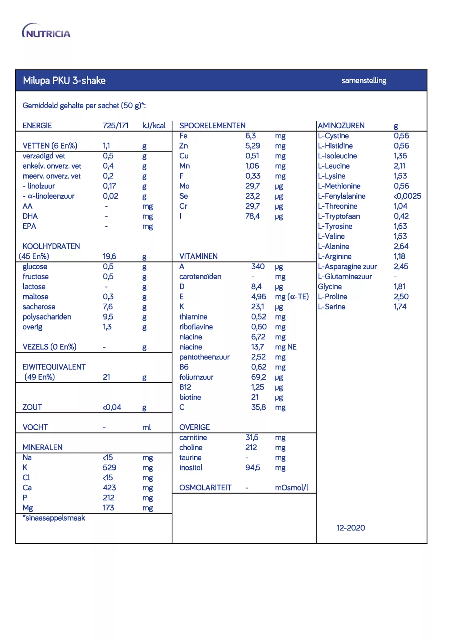 Milupa PKU-3 Shake Sinaasappel afbeelding van document #1, informatiefolder