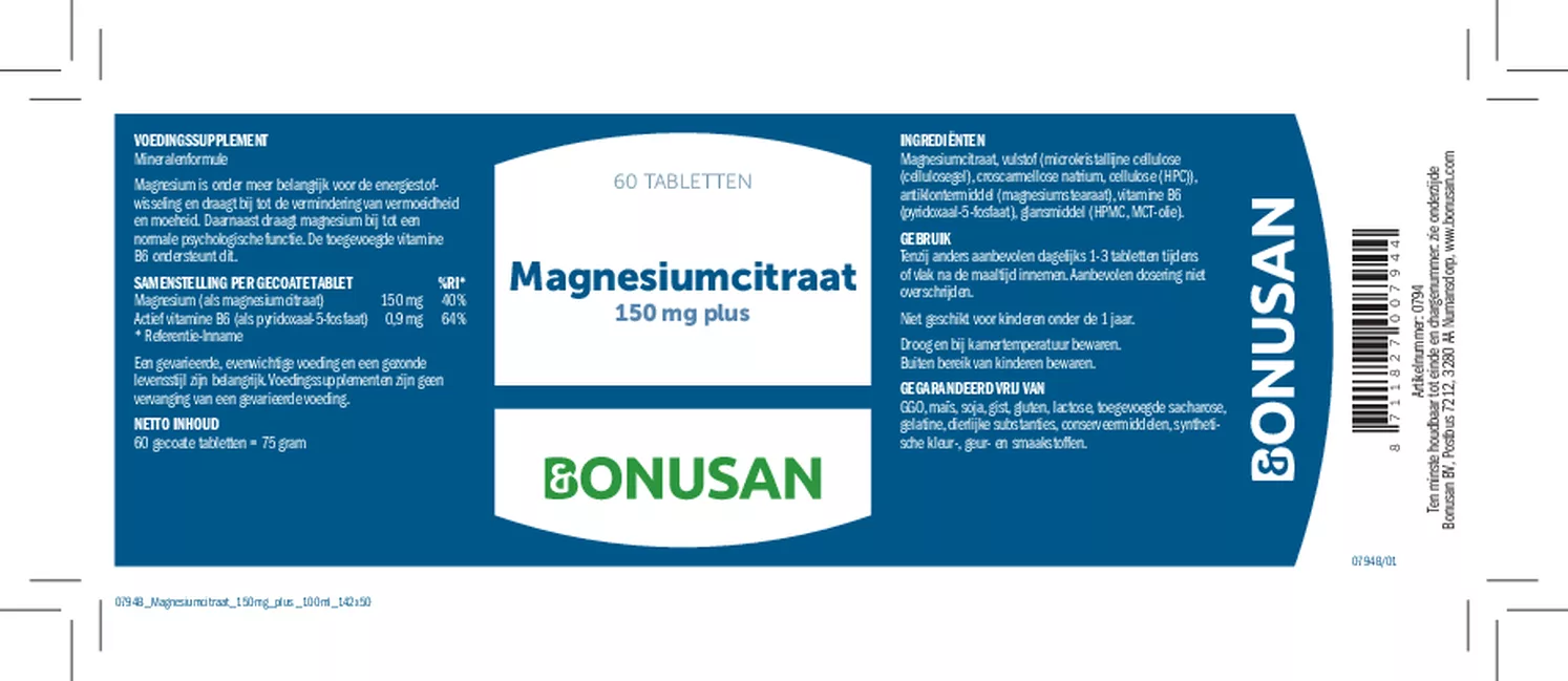 Magnesiumcitraat 150mg Plus Tabletten Multiverpakking afbeelding van document #1, etiket