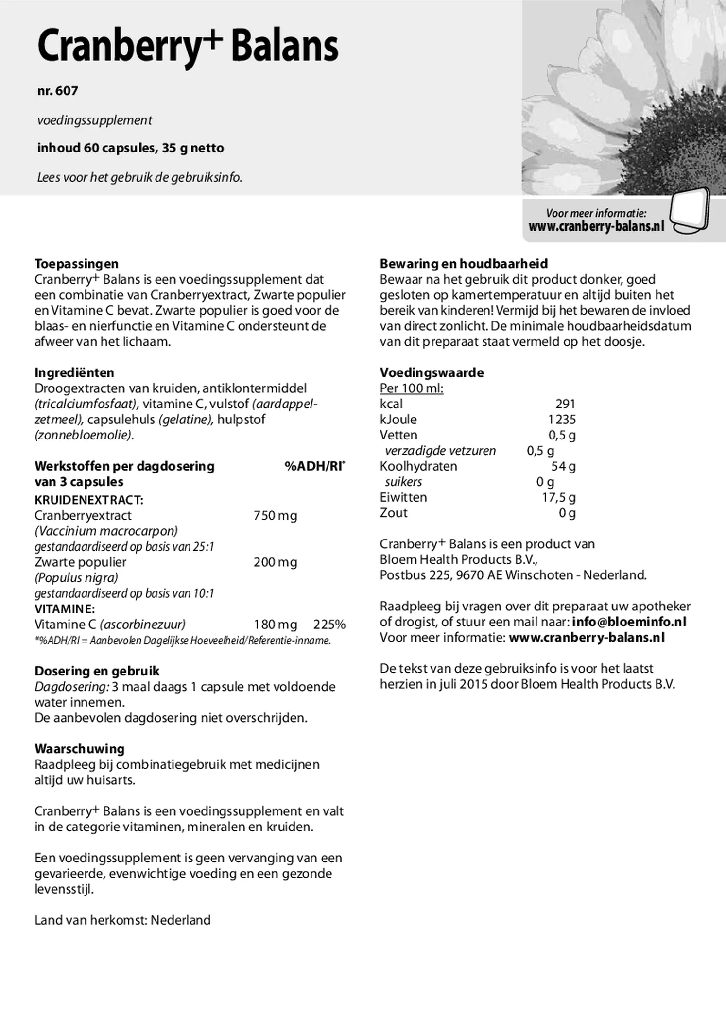 Cranberry+ Balans Capsules afbeelding van document #1, gebruiksaanwijzing