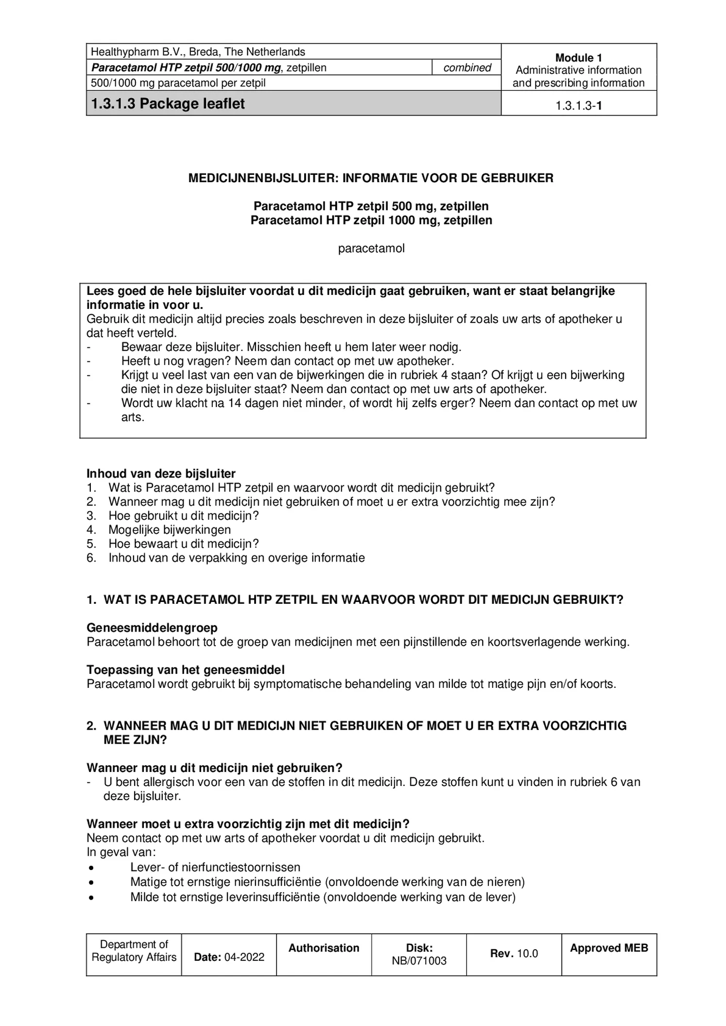 Paracetamol HTP Zetpil 500mg afbeelding van document #1, bijsluiter