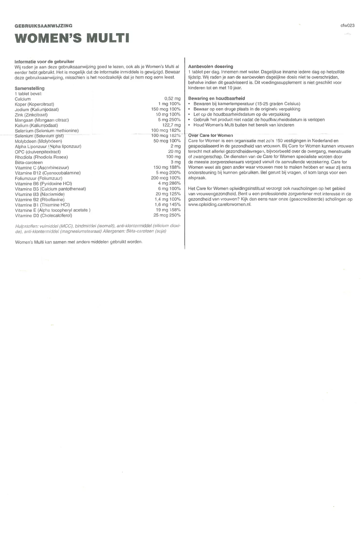 Women's Multi Tabletten afbeelding van document #1, gebruiksaanwijzing