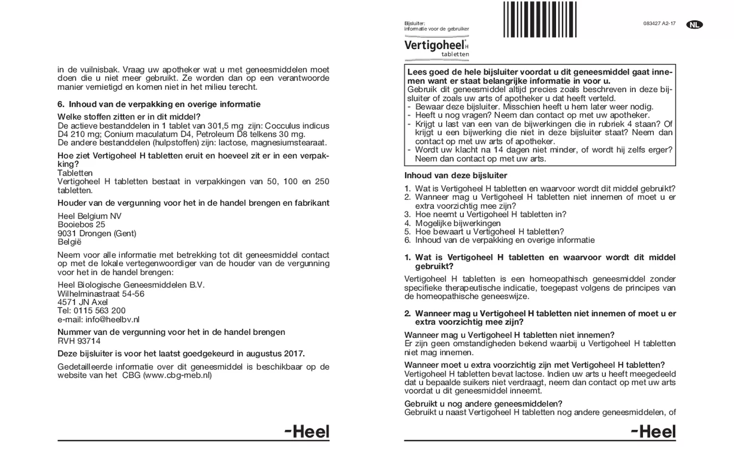 Vertigoheel H Tabletten afbeelding van document #1, bijsluiter