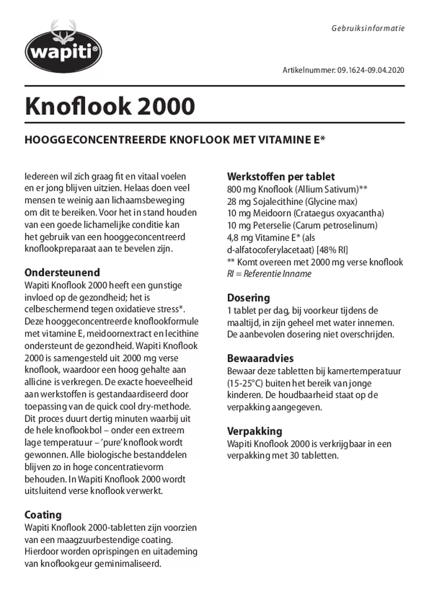 Knoflook 2000 Tabletten afbeelding van document #1, gebruiksaanwijzing