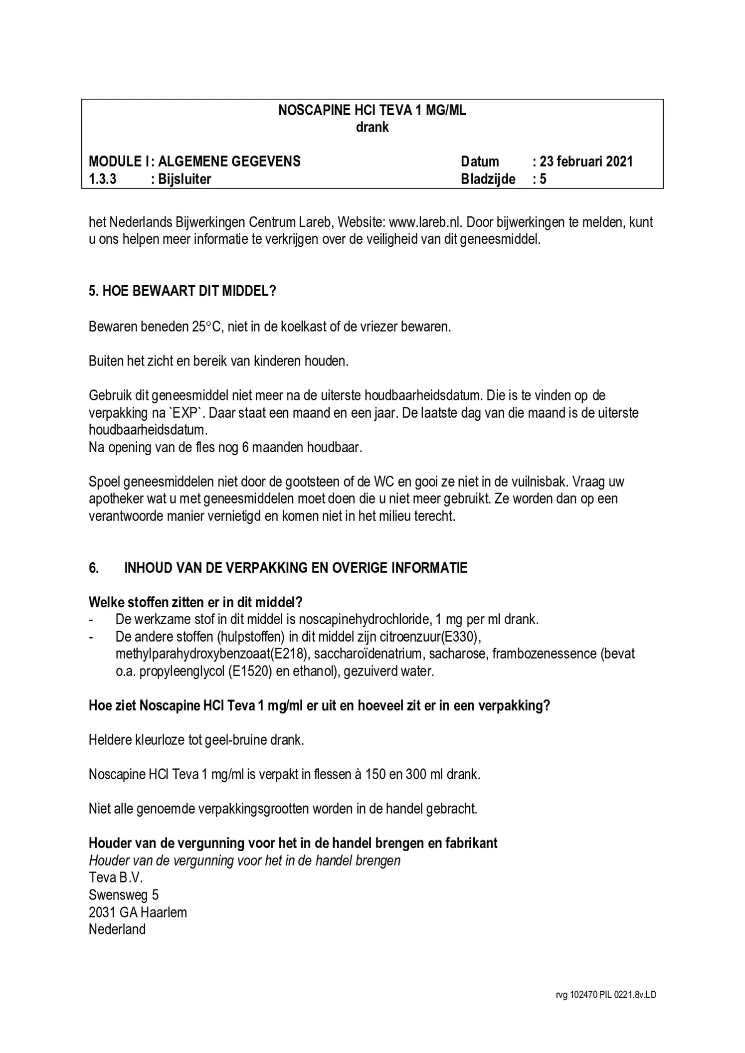 Noscapine Hcl 1=1 Pch Stroop 1mg/ml afbeelding van document #5, bijsluiter