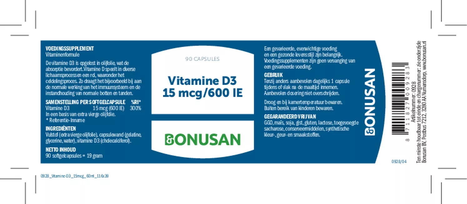 Vitamine D3 15mcg/600 IE Capsules afbeelding van document #1, etiket