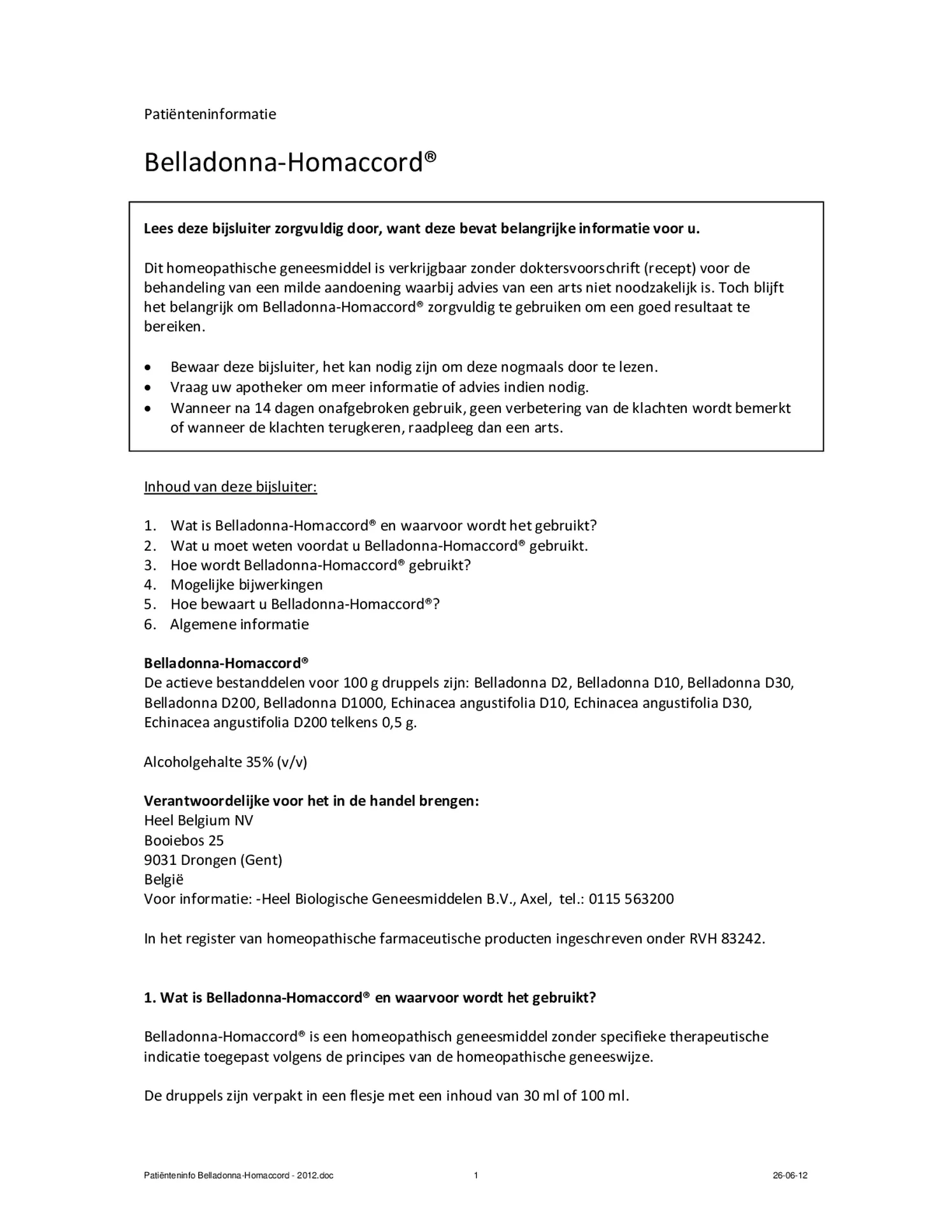 Belladonna-Homaccord afbeelding van document #1, bijsluiter