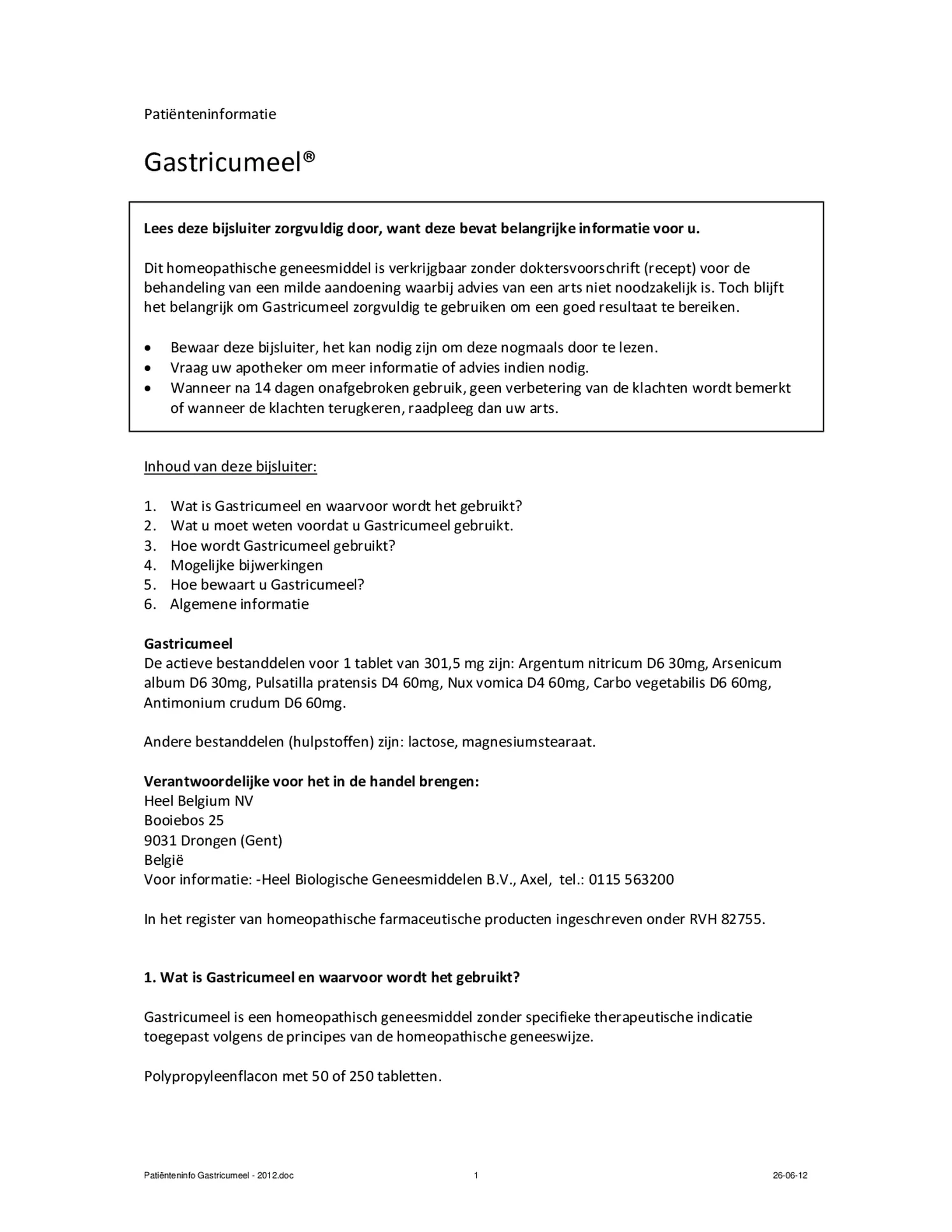 Gastricumeel Tabletten afbeelding van document #1, bijsluiter