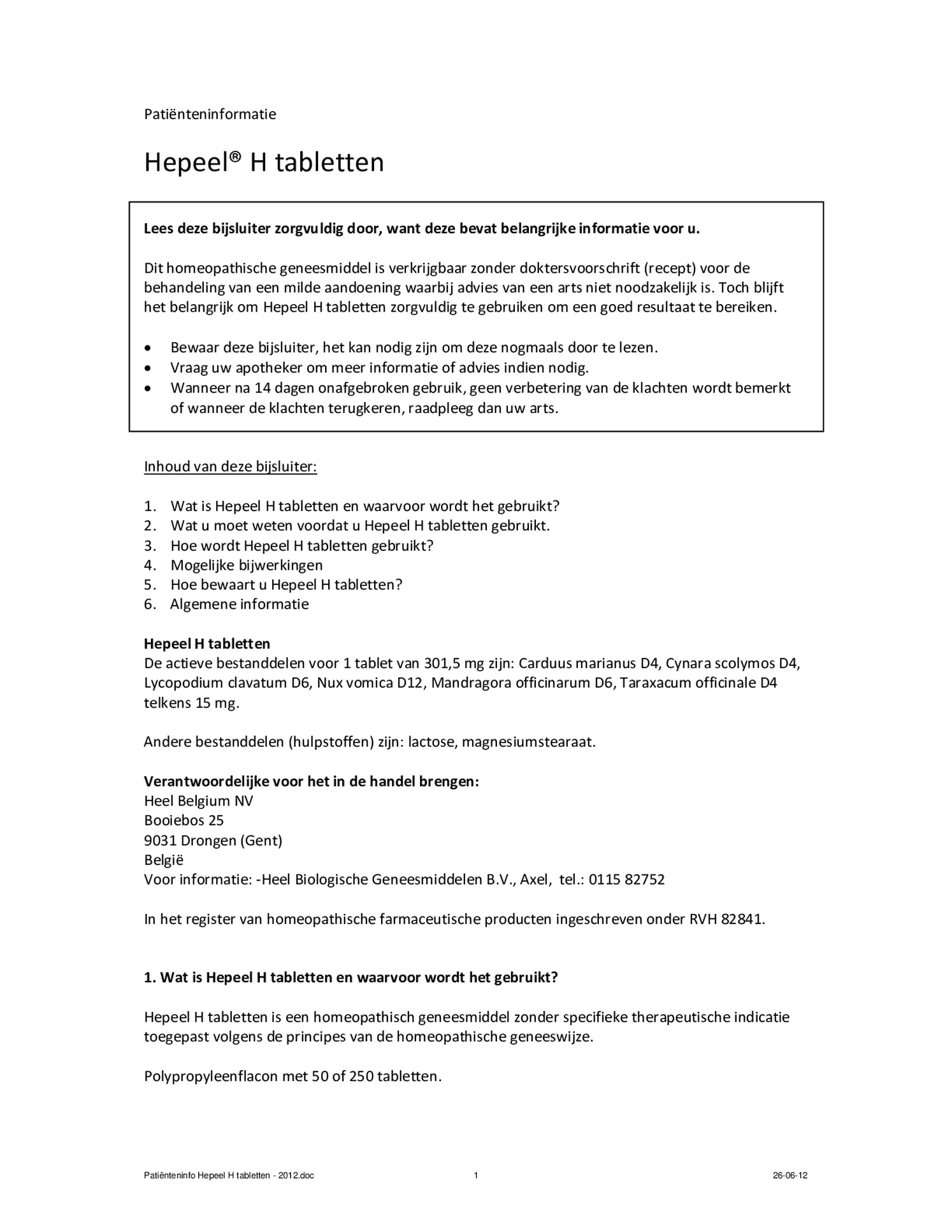 Hepeel H Tabletten afbeelding van document #1, bijsluiter