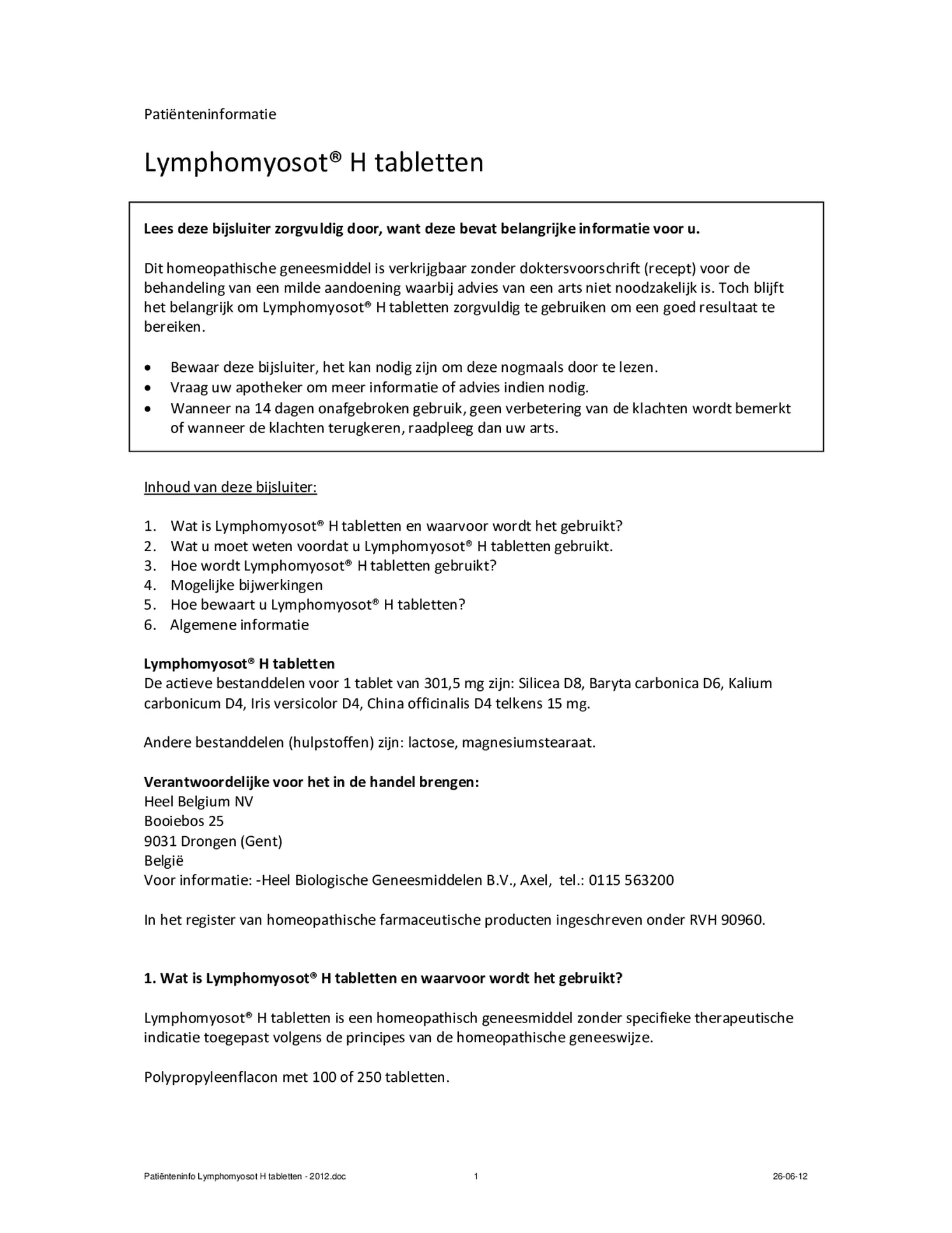 Lymphomyosot H Tabletten afbeelding van document #1, bijsluiter