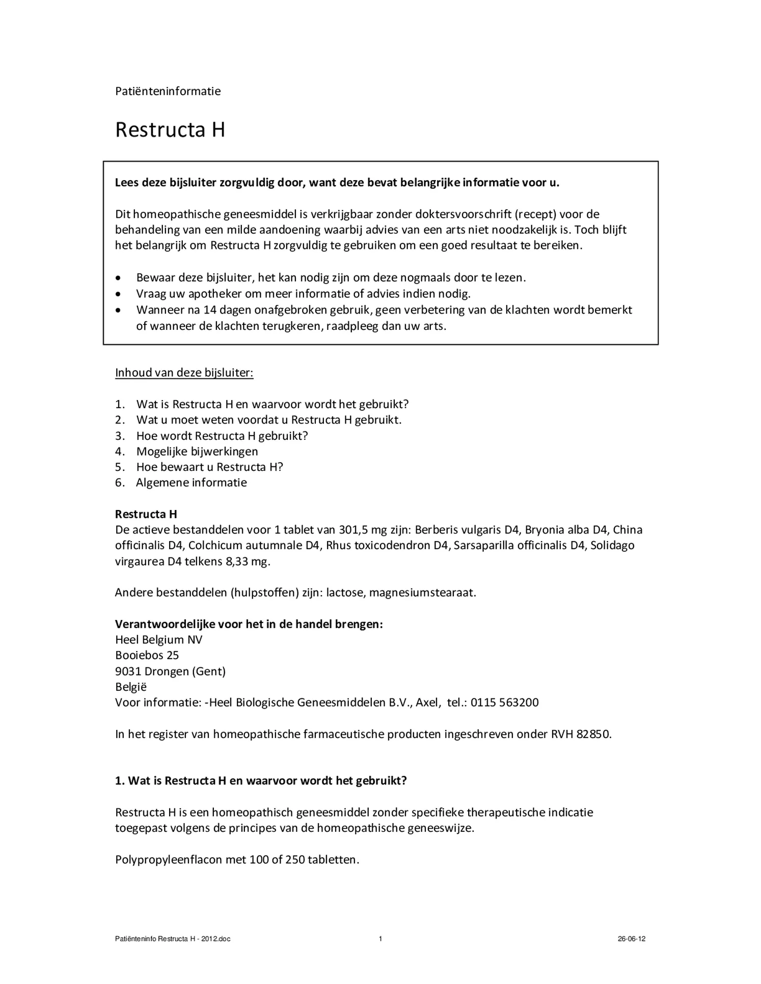 Restructa H Tabletten afbeelding van document #1, bijsluiter