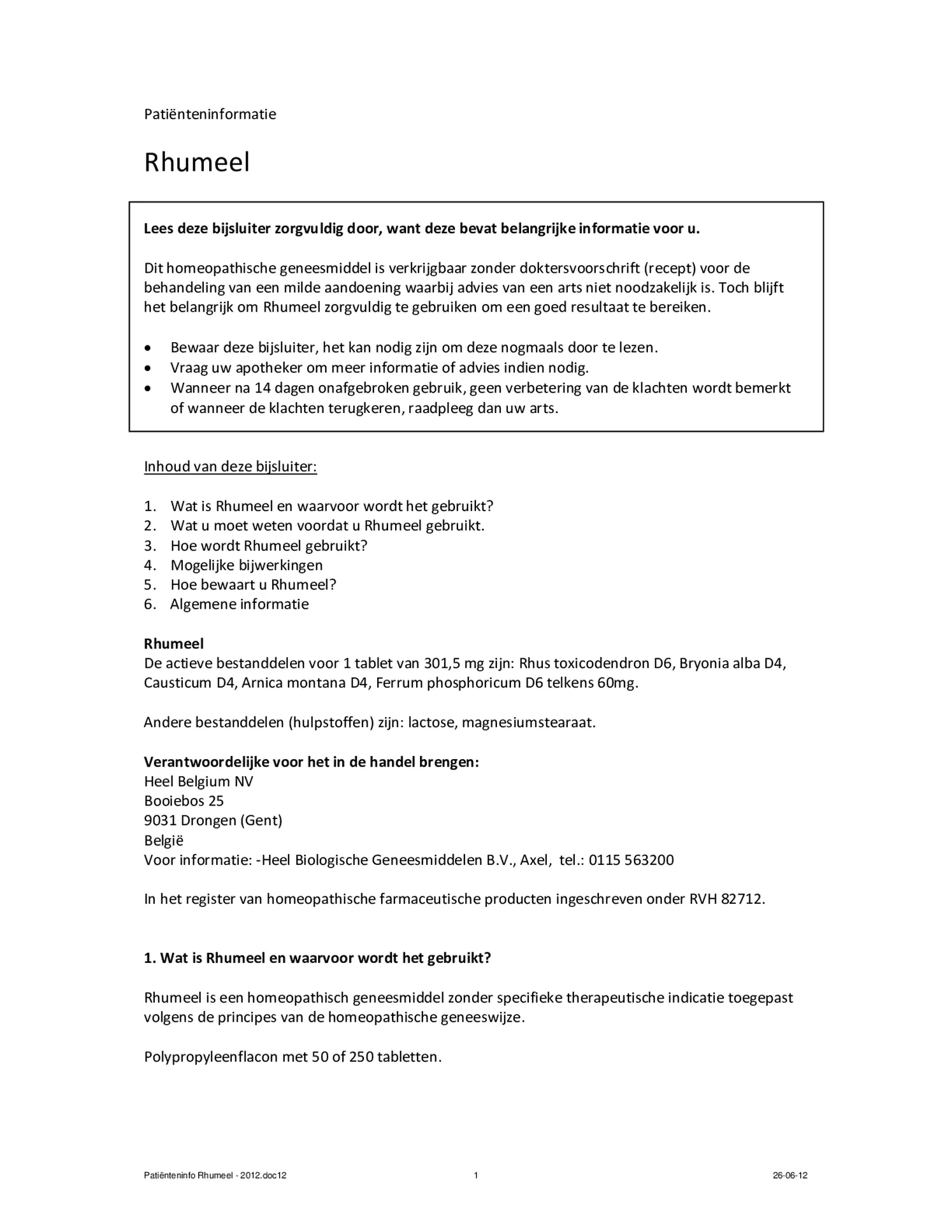 Rhumeel Tabletten afbeelding van document #1, bijsluiter