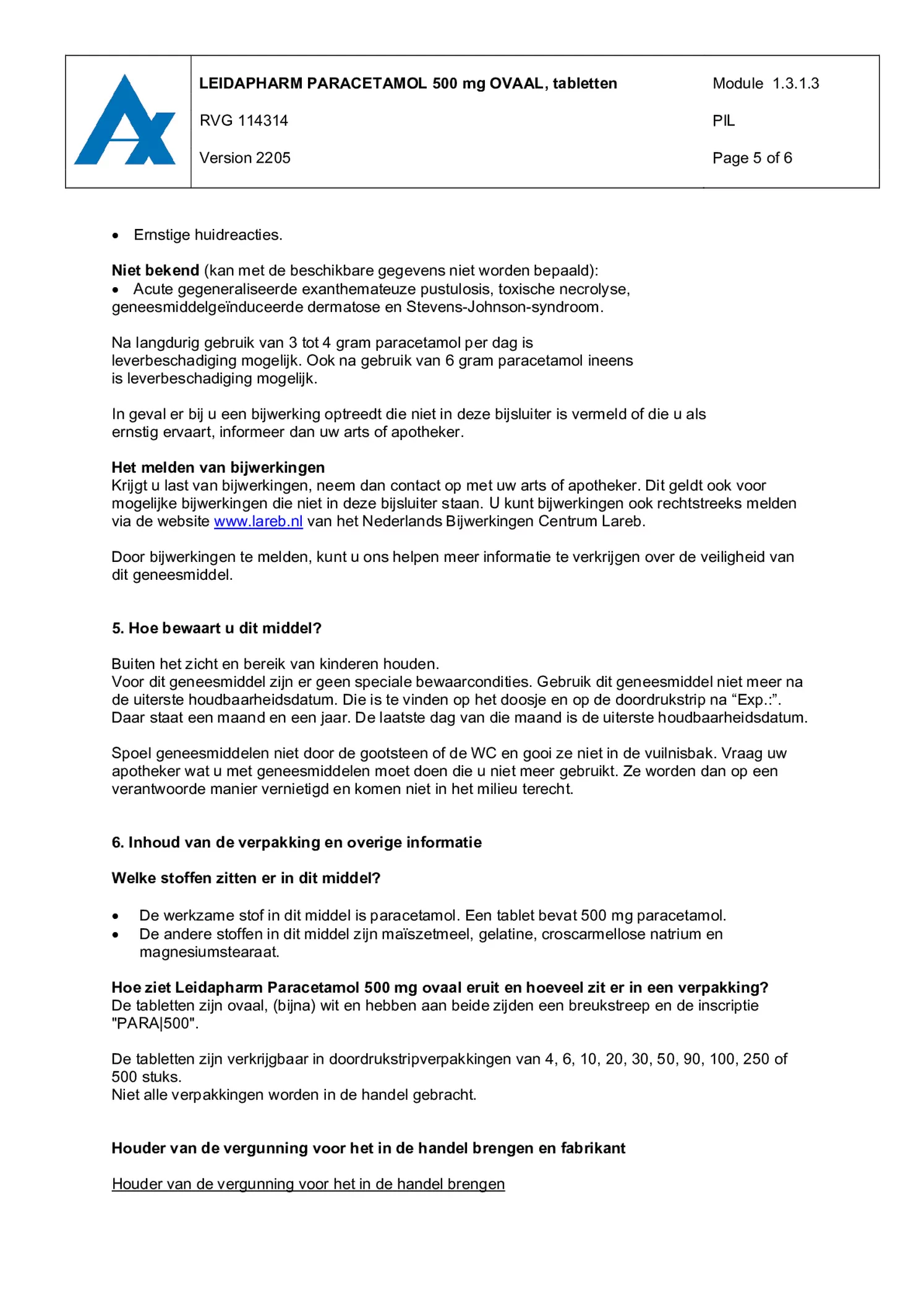 Leida Paracetamol Ovaal 500mg afbeelding van document #5, bijsluiter