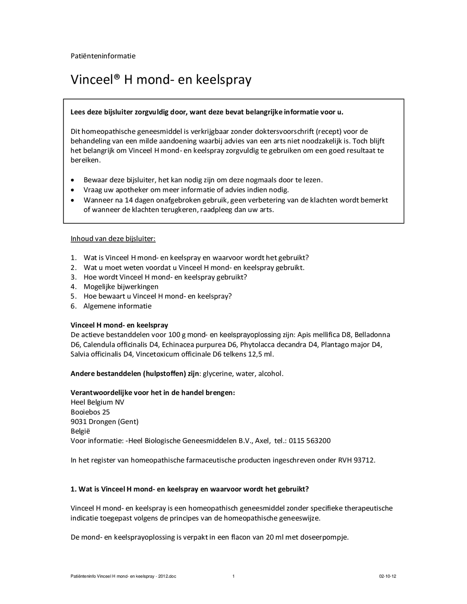 Vinceel H Spray afbeelding van document #1, bijsluiter