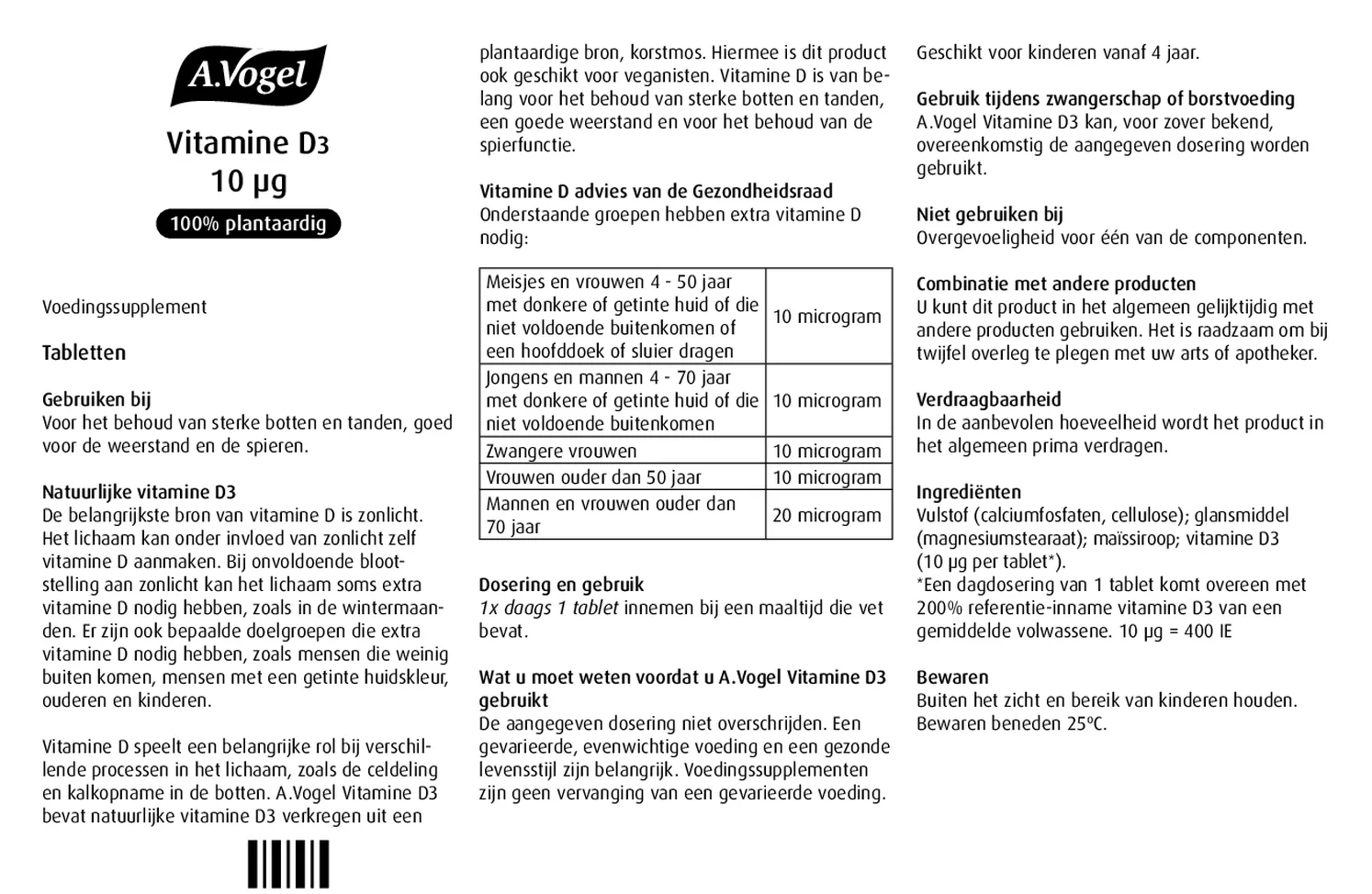 Vitamine D3 10 μg Tabletten afbeelding van document #1, gebruiksaanwijzing