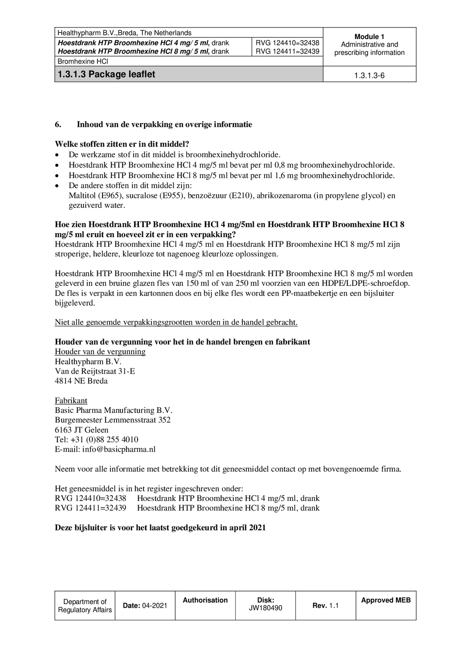 Hoestdrank Broomhexine HCI 8mg/5ml afbeelding van document #6, bijsluiter