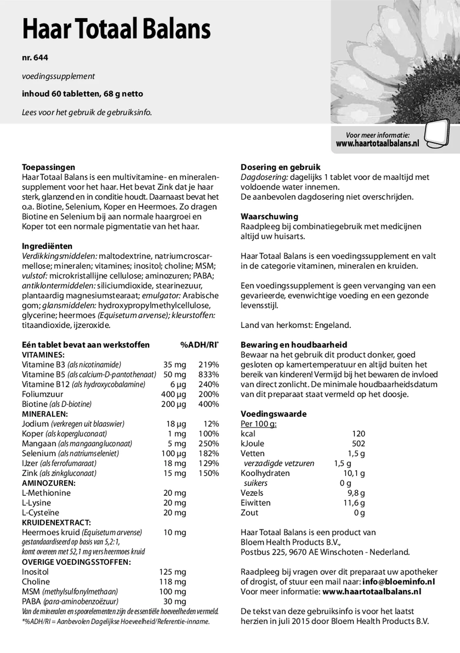 Haar Totaal Balans Tabletten afbeelding van document #1, gebruiksaanwijzing