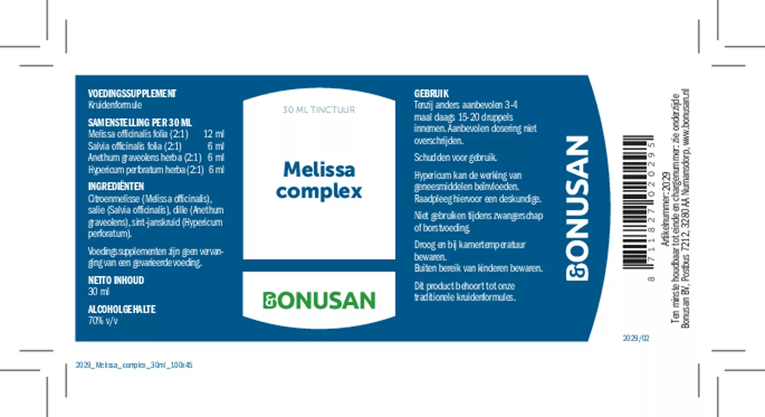 Melissa Complex Tinctuur afbeelding van document #1, etiket