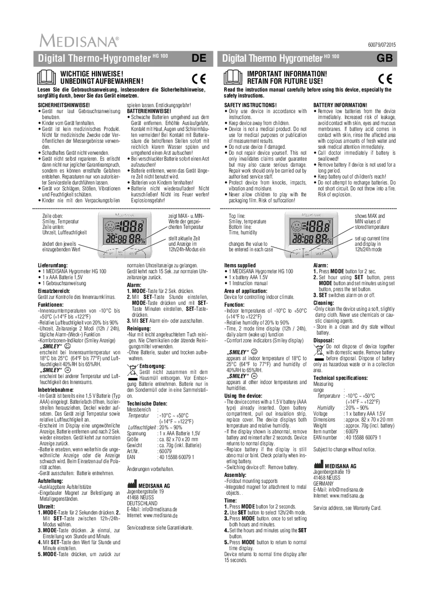 HG 100 Digitale thermohygrometer afbeelding van document #1, gebruiksaanwijzing