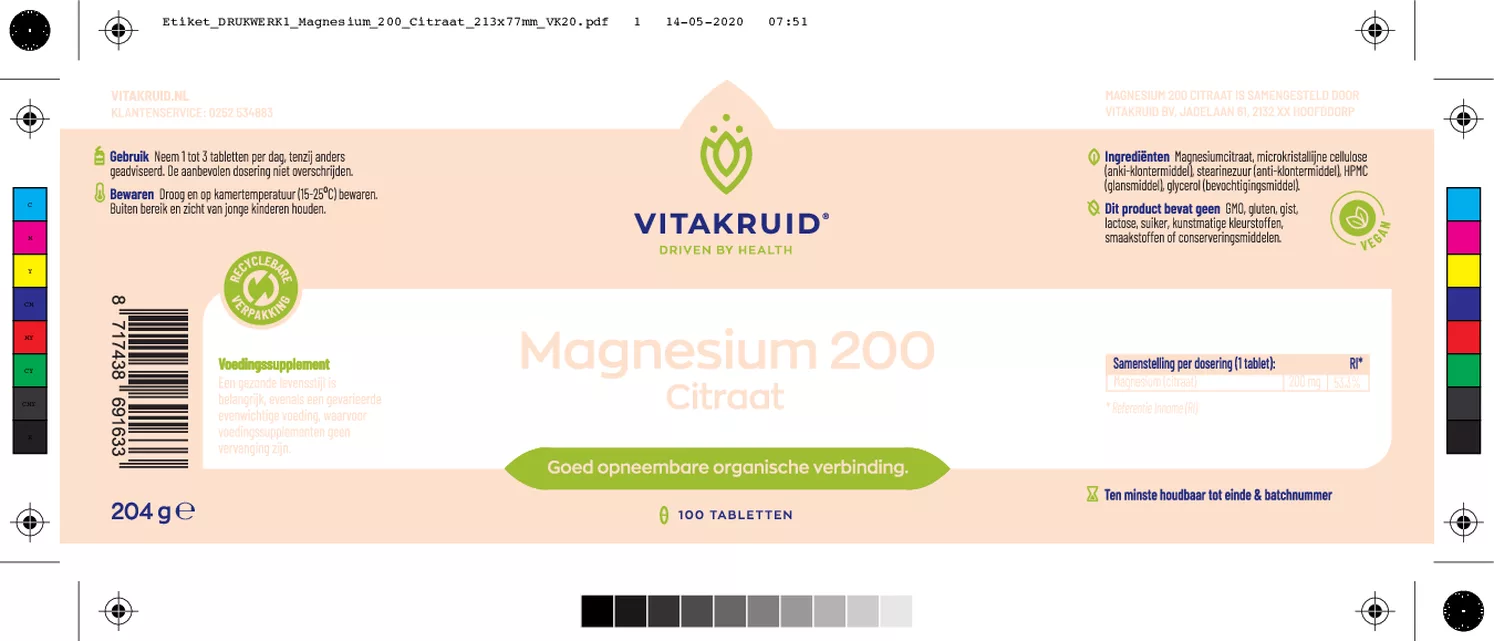 Magnesium 200 Citraat Tabletten afbeelding van document #1, etiket