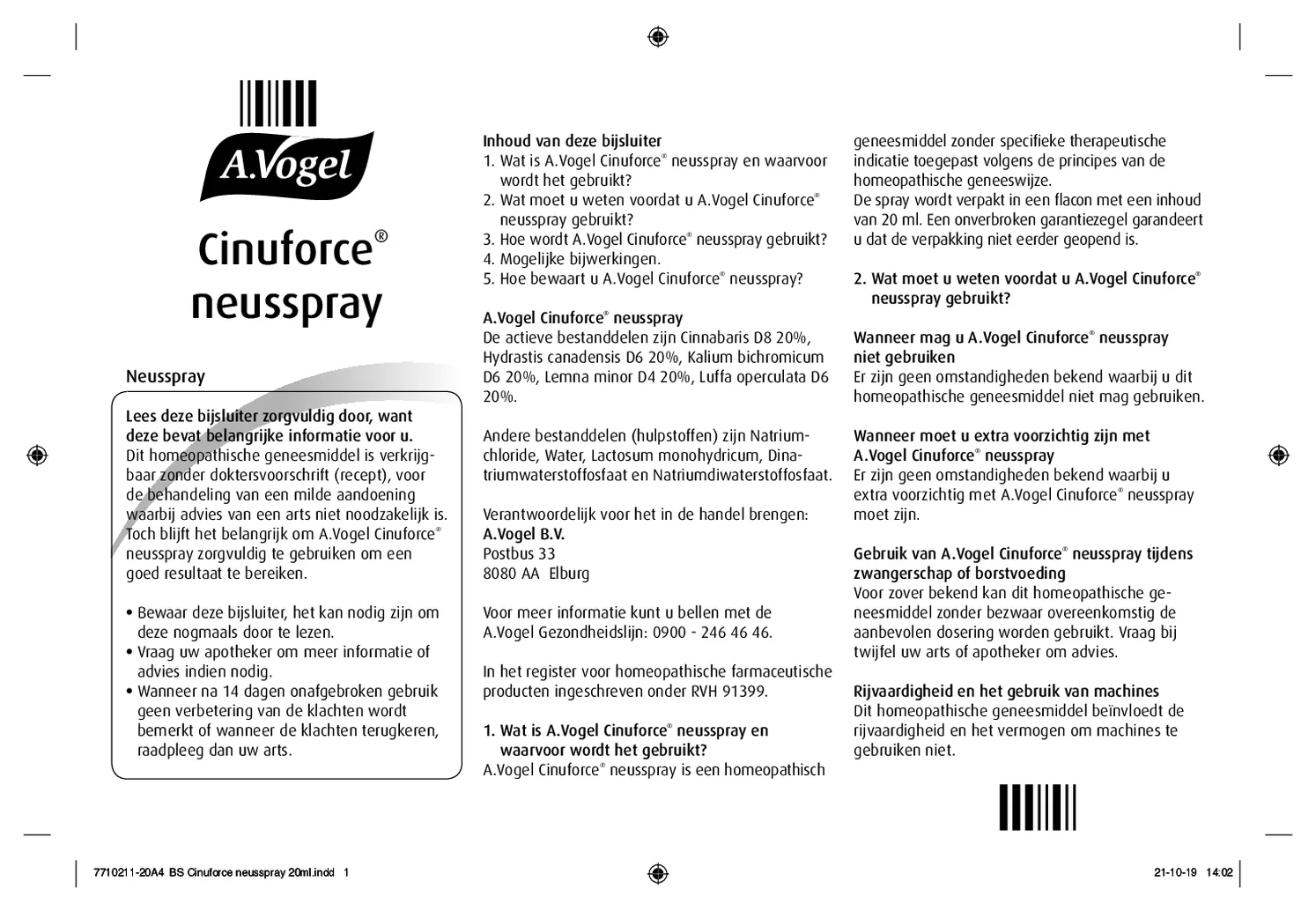 Cinuforce Tabletten 80TB + Neusspray 20ML Combiverpakking afbeelding van document #1, bijsluiter