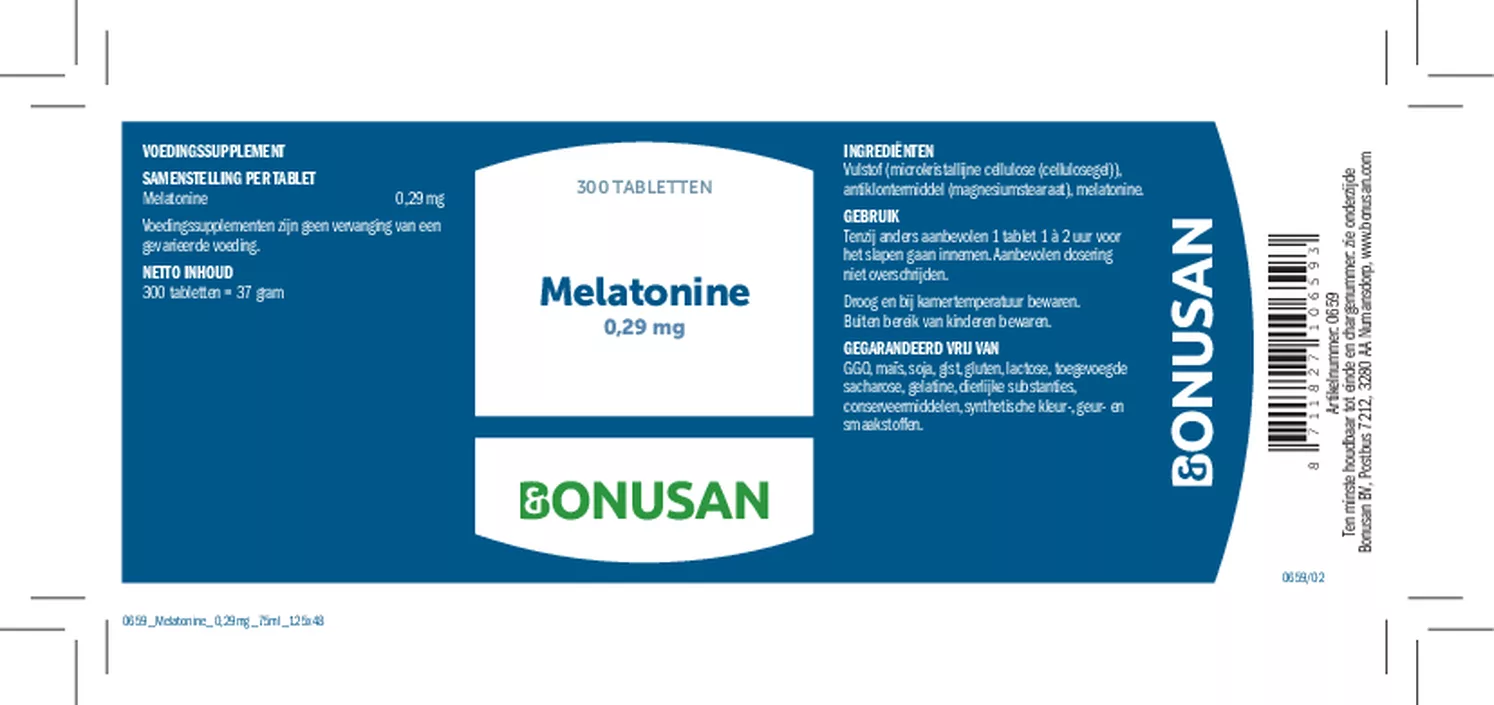 Melatonine 0,29mg Tabletten afbeelding van document #1, etiket