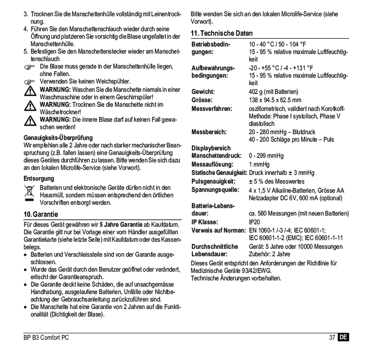 Microlife BP Bloeddrukmeter B3 Comfort PC afbeelding van document #39, gebruiksaanwijzing