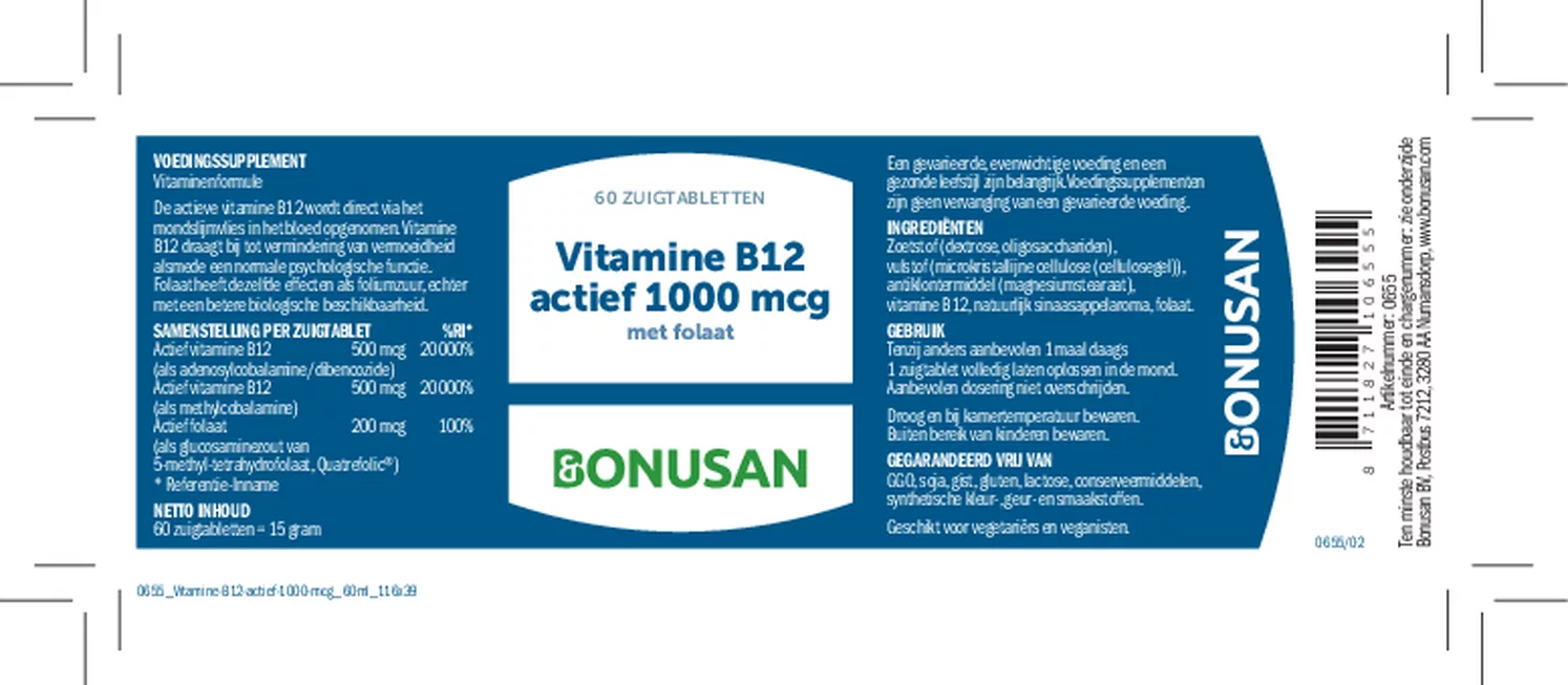 B12 Actief 1000mcg Zuigtabletten Duoverpakking afbeelding van document #1, etiket