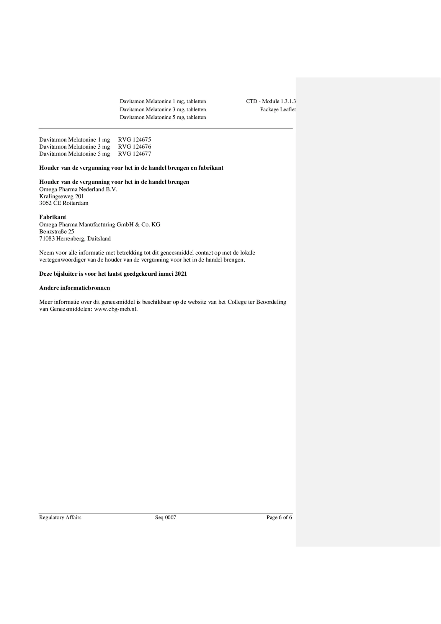 Melatonine 5 mg Tabletten afbeelding van document #6, bijsluiter