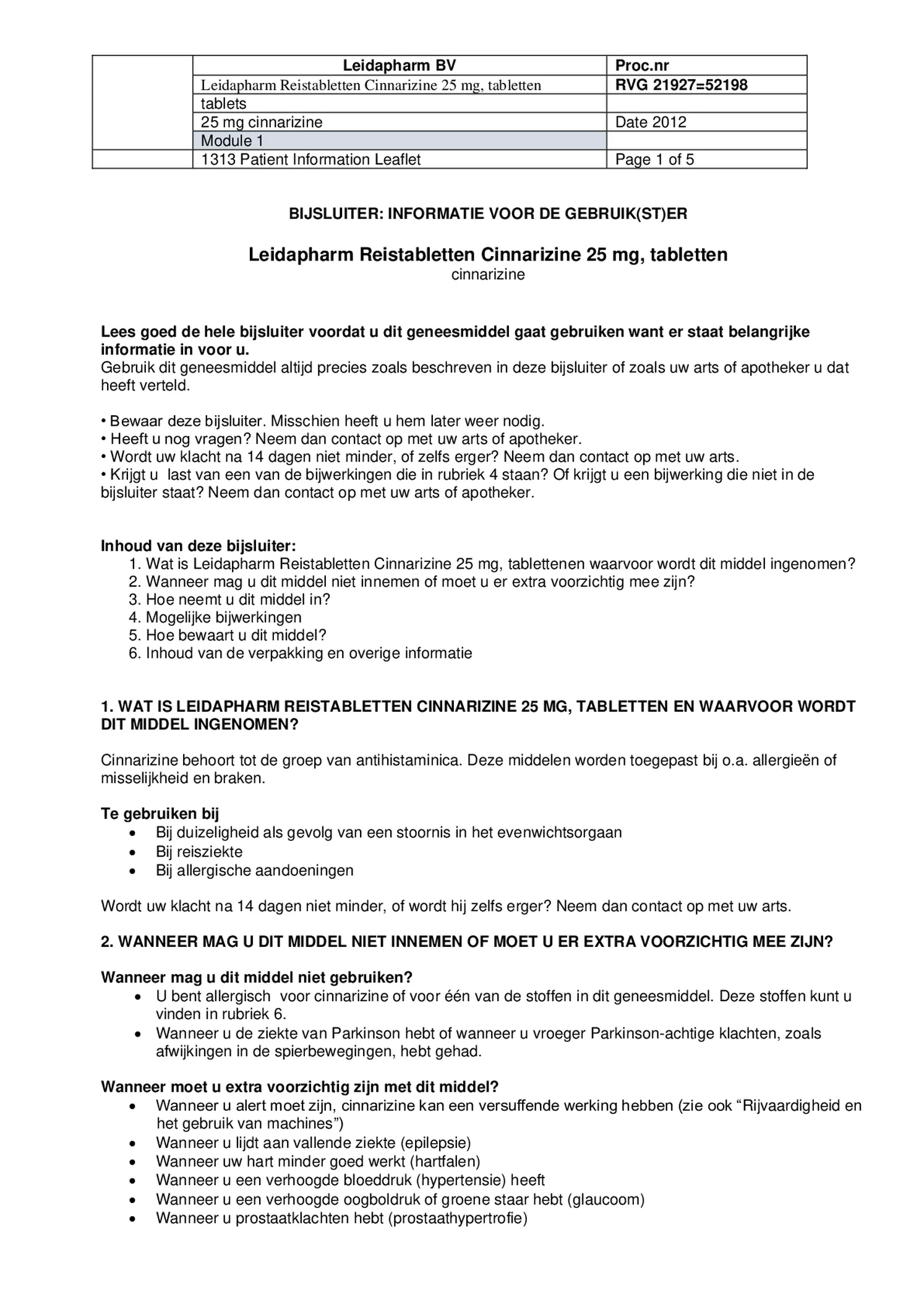 Reistabletten Cinnarizine 25 mg Tabletten afbeelding van document #1, bijsluiter