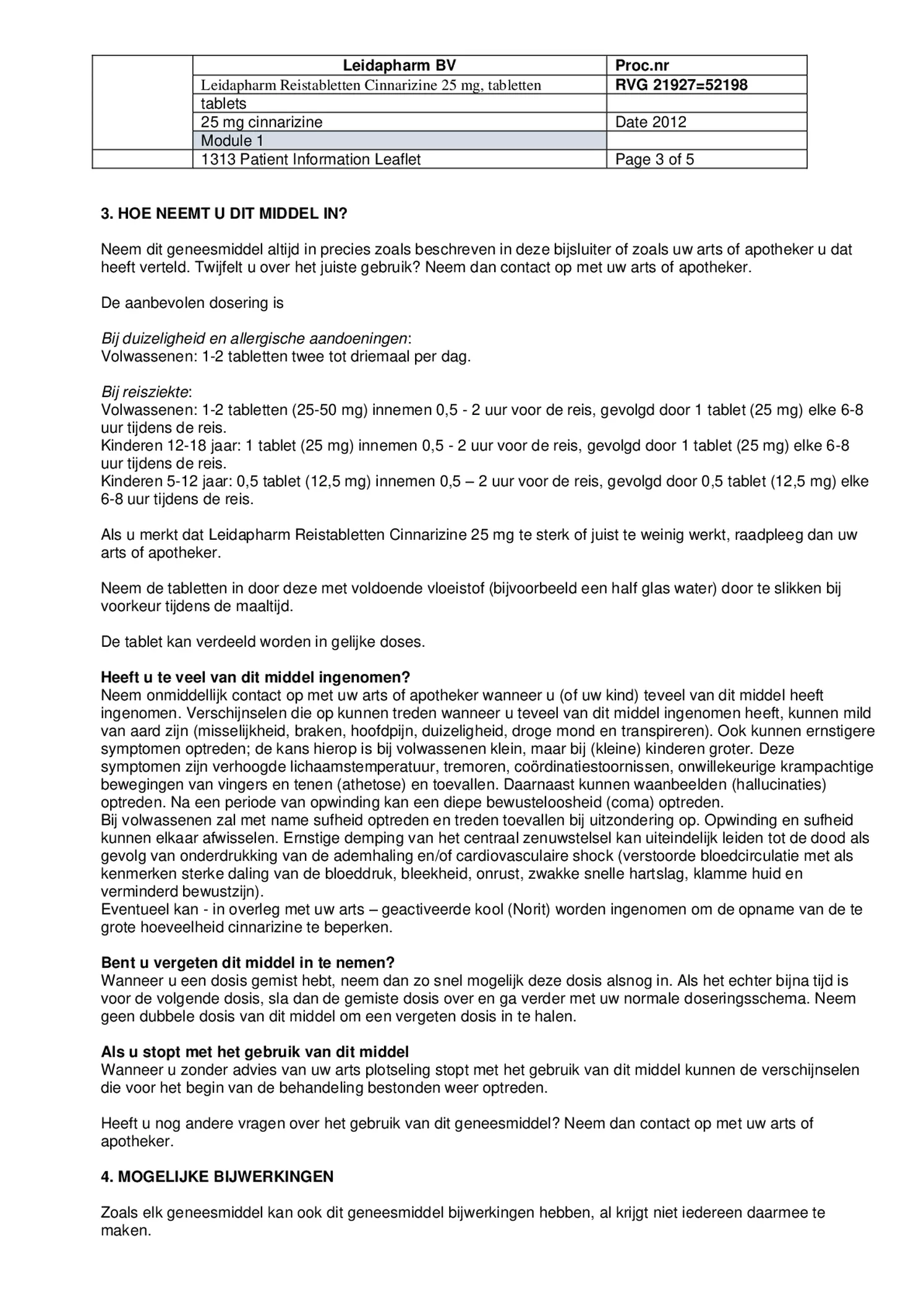 Reistabletten Cinnarizine 25 mg Tabletten afbeelding van document #3, bijsluiter