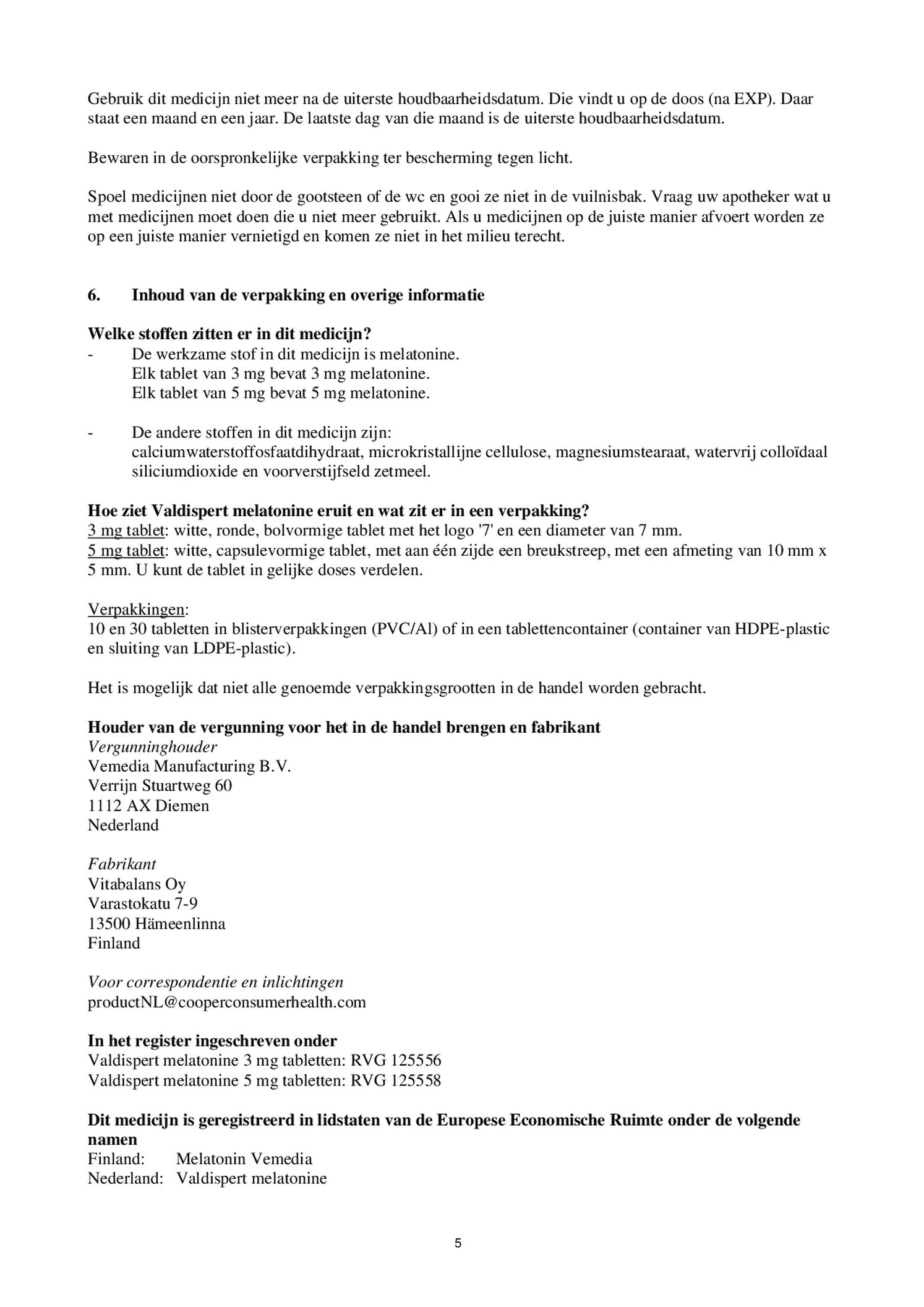 Melatonine 5mg Tabletten afbeelding van document #5, bijsluiter