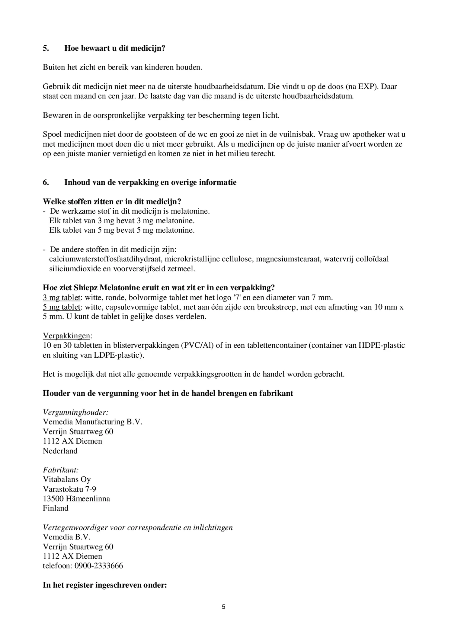 Melatonine 5 mg Tabletten afbeelding van document #5, bijsluiter